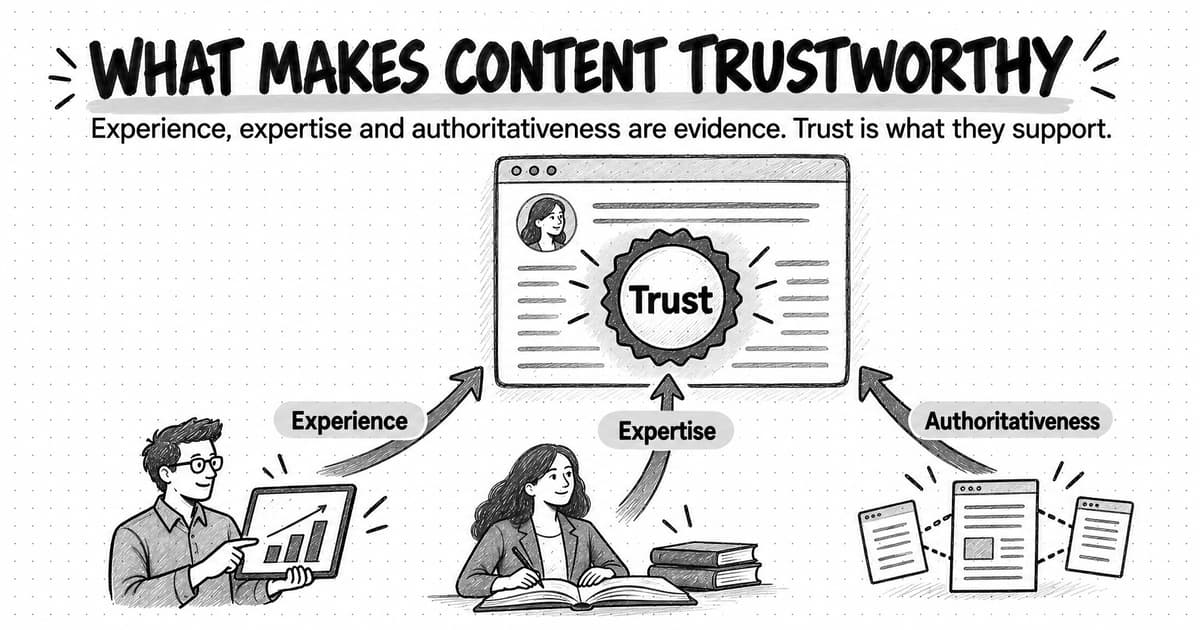 A sketched diagram titled What makes content trustworthy, with the line Experience, expertise and authoritativeness are evidence. Trust is what they support. A web page with an author photo carries a round seal labeled Trust. Three arrows rise into the page: Experience, from a person showing a chart on a tablet; Expertise, from a person writing beside open books; and Authoritativeness, from a page linked to by other pages.