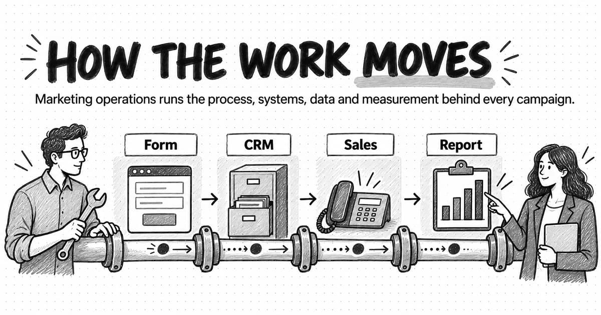 A sketch titled How the work moves, with the line Marketing operations runs the process, systems, data and measurement behind every campaign. A pipe runs through four stations, Form, CRM, Sales and Report, carrying a dot that stands for a lead. One person holds a wrench at a pipe joint and another points at a bar chart on a clipboard.