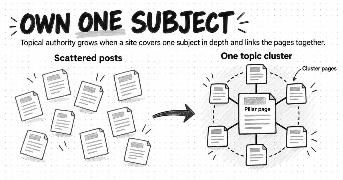 A sketched diagram titled Own one subject, with the line Topical authority grows when a site covers one subject in depth and links the pages together. On the left, under Scattered posts, nine loose pages lie at random angles with nothing connecting them. An arrow points right to One topic cluster, where a larger page labeled Pillar page sits in the center, joined by lines to a ring of six smaller pages labeled Cluster pages.