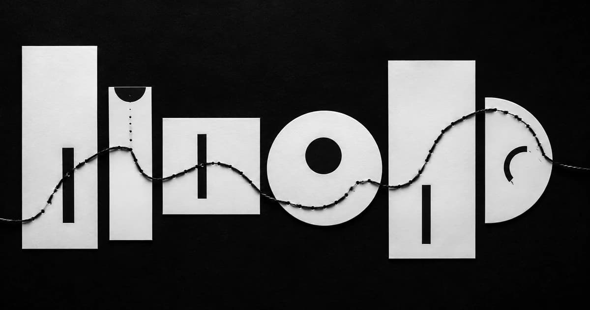 A single black thread connects white paper panels of different shapes and abstract designs against a dark background.