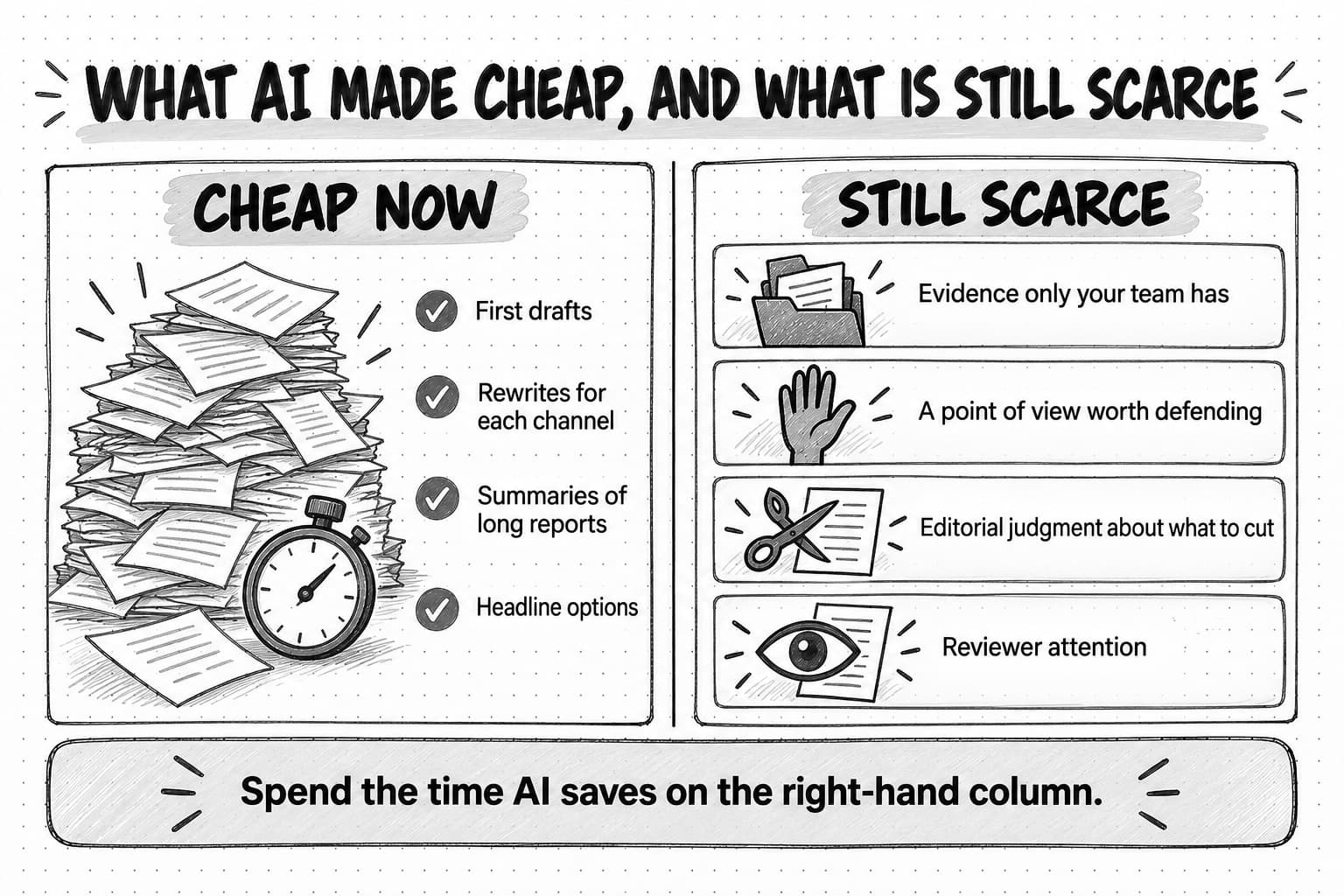 A two-column sketch titled What AI made cheap, and what is still scarce. The left column, Cheap now, shows a loose pile of pages and a stopwatch beside four ticked items: First drafts, Rewrites for each channel, Summaries of long reports, and Headline options. The right column, Still scarce, has four cards: Evidence only your team has, with a folder of notes; A point of view worth defending, with a raised hand; Editorial judgment about what to cut, with scissors over a page; and Reviewer attention, with an eye over a page. A band across the bottom reads Spend the time AI saves on the right-hand column.