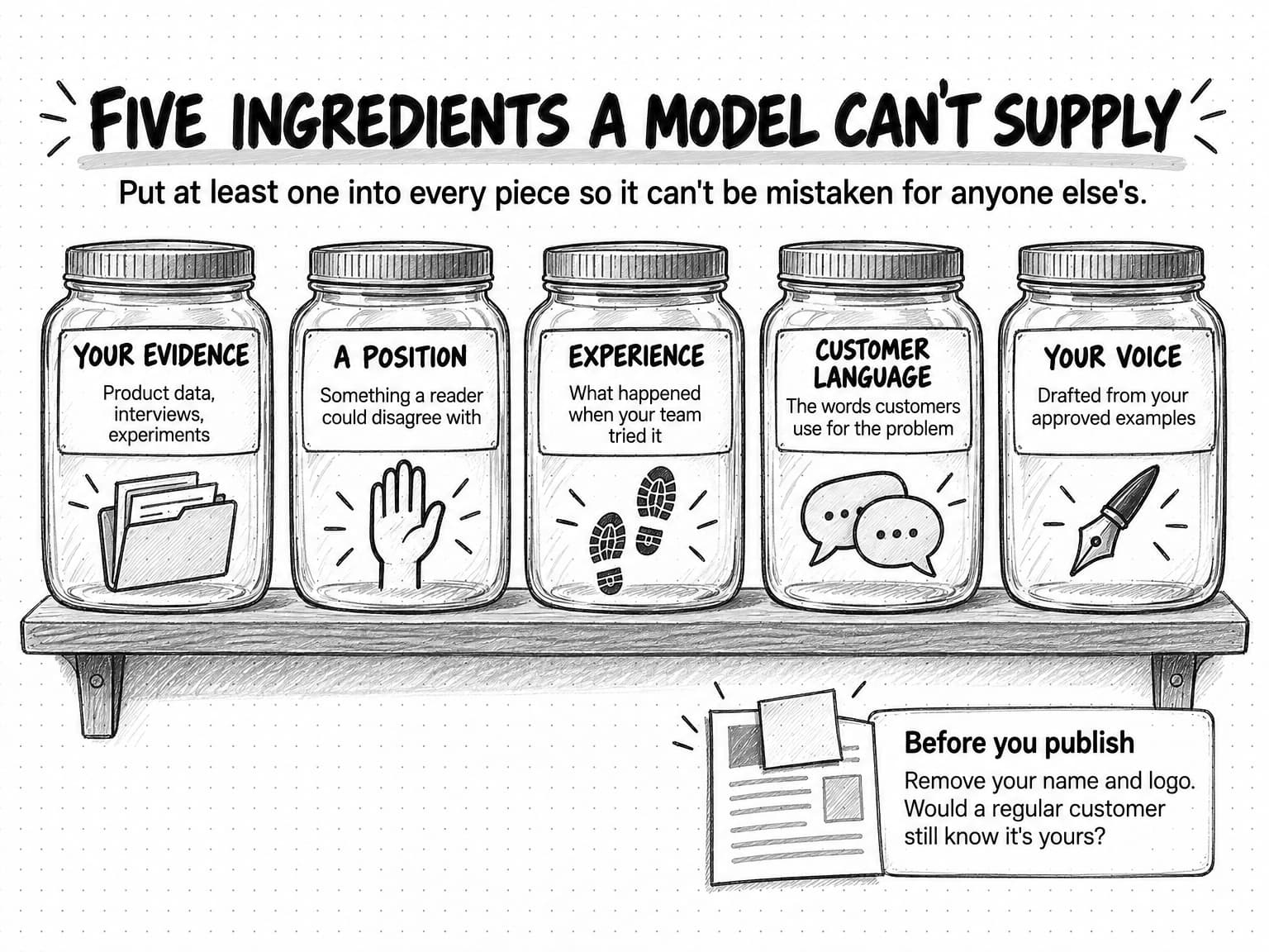 A sketch titled Five ingredients a model can't supply, subtitled Put at least one into every piece so it can't be mistaken for anyone else's. Five labeled jars stand on a shelf: Your evidence, Product data, interviews, experiments, with a folder; A position, Something a reader could disagree with, with a raised hand; Experience, What happened when your team tried it, with footprints; Customer language, The words customers use for the problem, with speech bubbles; and Your voice, Drafted from your approved examples, with a pen nib. A card below, beside a page whose logo is covered by a sticky note, reads Before you publish: Remove your name and logo. Would a regular customer still know it's yours?