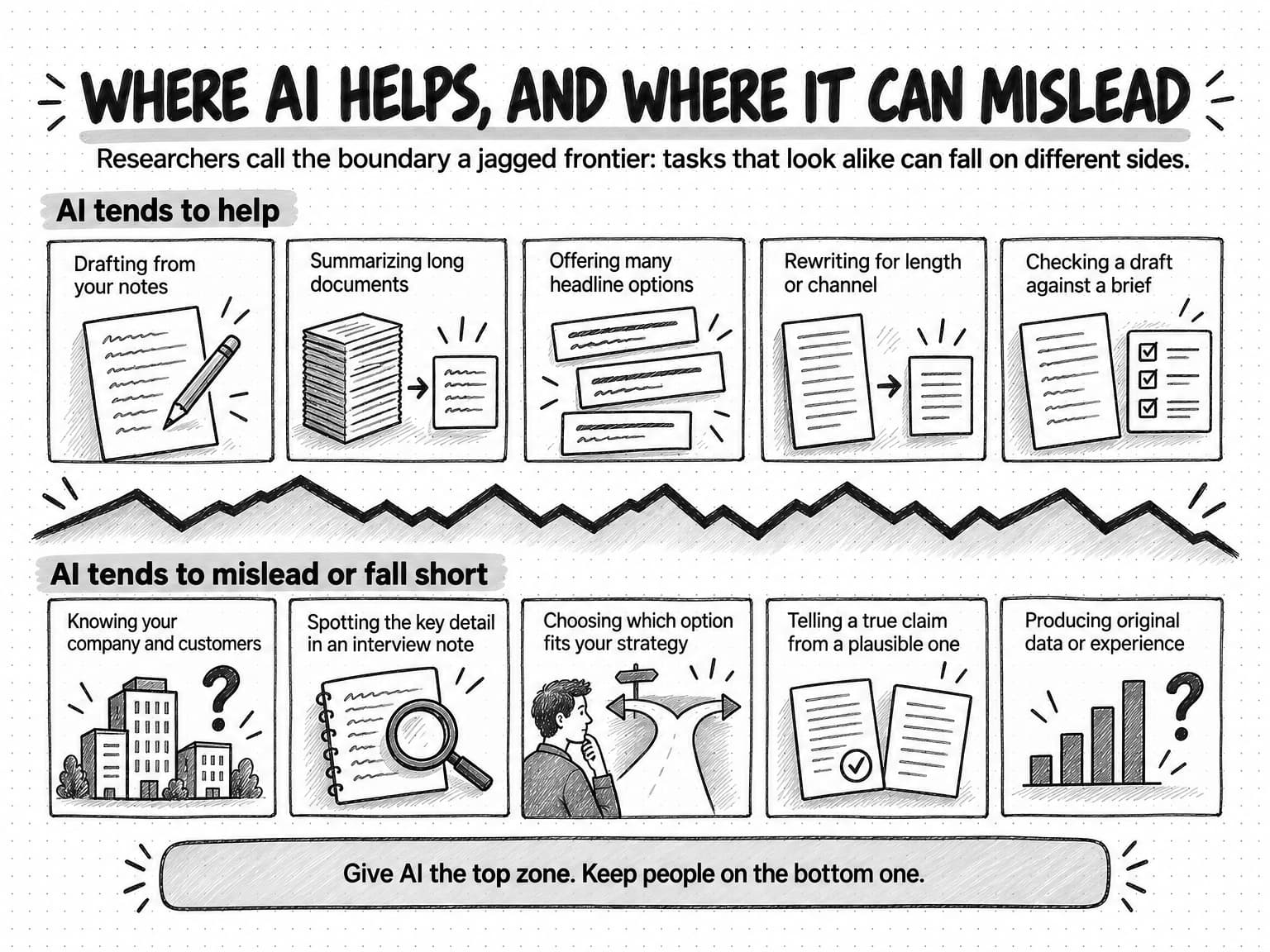 A sketch titled Where AI helps, and where it can mislead, subtitled Researchers call the boundary a jagged frontier: tasks that look alike can fall on different sides. A bold jagged line runs across the page. Above it, under AI tends to help, five cards: Drafting from your notes, Summarizing long documents, Offering many headline options, Rewriting for length or channel, and Checking a draft against a brief. Below it, under AI tends to mislead or fall short, five cards: Knowing your company and customers, Spotting the key detail in an interview note, Choosing which option fits your strategy, Telling a true claim from a plausible one, and Producing original data or experience. A note at the bottom reads Give AI the top zone. Keep people on the bottom one.