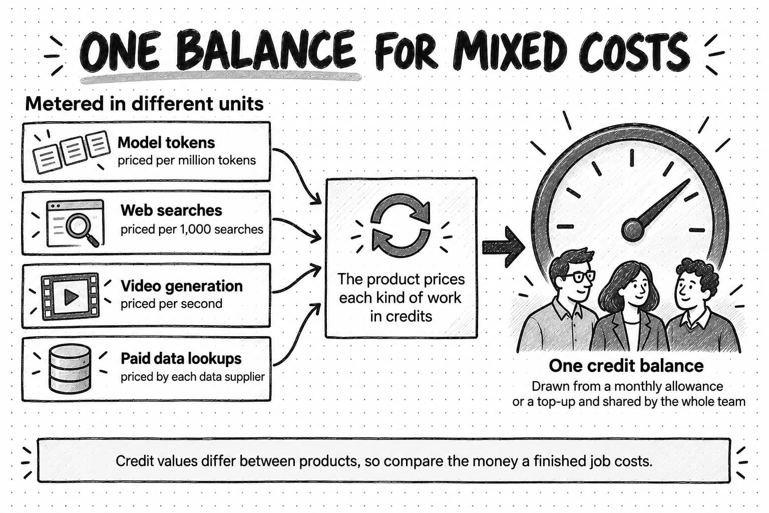 A sketched diagram titled One balance for mixed costs. Under the heading Metered in different units, four cards list Model tokens, priced per million tokens; Web searches, priced per 1,000 searches; Video generation, priced per second; and Paid data lookups, priced by each data supplier. Arrows from all four cards lead to a card reading The product prices each kind of work in credits, and a thick arrow leads on to a large dial labeled One credit balance, drawn from a monthly allowance or a top-up and shared by the whole team, with three people standing together in front of it. A band at the bottom reads Credit values differ between products, so compare the money a finished job costs.