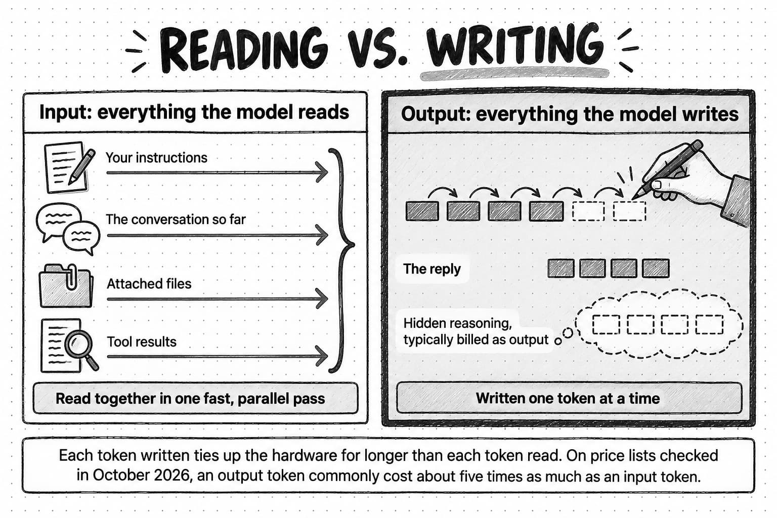 A sketched comparison titled Reading vs. writing. The left panel, Input: everything the model reads, lists four items, Your instructions, The conversation so far, Attached files and Tool results, each with its own arrow; the four arrows run side by side like lanes and a brace gathers them, above the strip Read together in one fast, parallel pass. The right panel, Output: everything the model writes, drawn with a heavier border, shows a hand with a pen adding tiles to a single row one at a time, then two rows: The reply, with solid tiles, and Hidden reasoning, typically billed as output, with dashed tiles inside a thought bubble, above the strip Written one token at a time. A band beneath both panels reads Each token written ties up the hardware for longer than each token read. On price lists checked in October 2026, an output token commonly cost about five times as much as an input token.