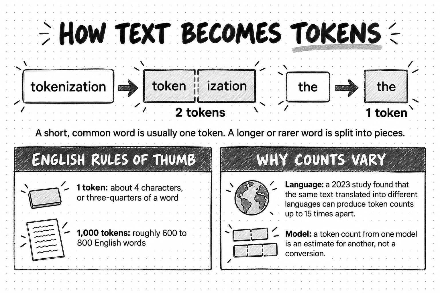A sketched diagram titled How text becomes tokens. A card holding the word tokenization points to two tiles, token and ization, labeled 2 tokens, and a card holding the word the points to one tile, the, labeled 1 token. Beneath them: A short, common word is usually one token. A longer or rarer word is split into pieces. A panel headed English rules of thumb reads 1 token: about 4 characters, or three-quarters of a word, and 1,000 tokens: roughly 600 to 800 English words. A panel headed Why counts vary reads Language: a 2023 study found that the same text translated into different languages can produce token counts up to 15 times apart, and Model: a token count from one model is an estimate for another, not a conversion.