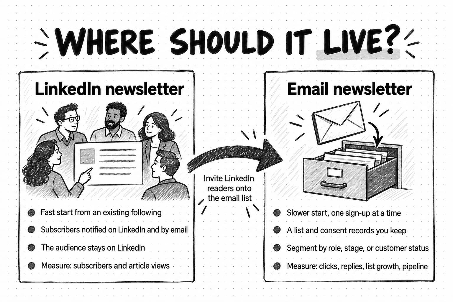 A comparison titled Where should it live? The left column, LinkedIn newsletter, shows a group of people around an article card: fast start from an existing following, subscribers notified on LinkedIn and by email, the audience stays on LinkedIn, measure subscribers and article views. The right column, Email newsletter, shows an envelope dropping into a filing drawer: slower start, one sign-up at a time; a list and consent records you keep; segment by role, stage, or customer status; measure clicks, replies, list growth, and pipeline. A bold arrow from left to right is labeled Invite LinkedIn readers onto the email list.