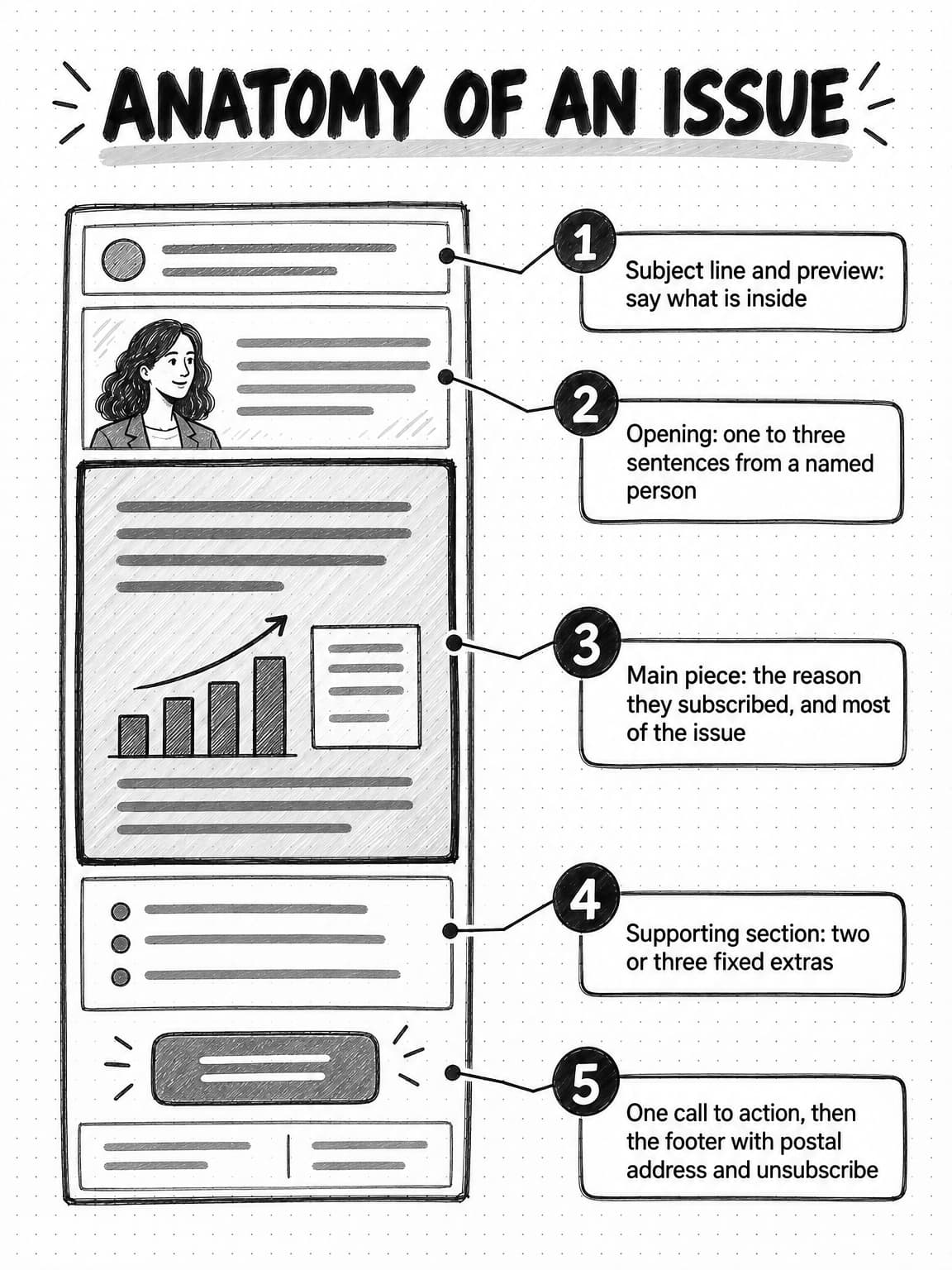 An annotated sketch titled Anatomy of an issue showing a tall phone-width email with five numbered callouts from top to bottom. 1 Subject line and preview: say what is inside. 2 Opening: one to three sentences from a named person, beside a small portrait. 3 Main piece: the reason they subscribed, and most of the issue, the largest shaded block with a chart. 4 Supporting section: two or three fixed extras, shown as three bullet lines. 5 One call to action, then the footer with postal address and unsubscribe.