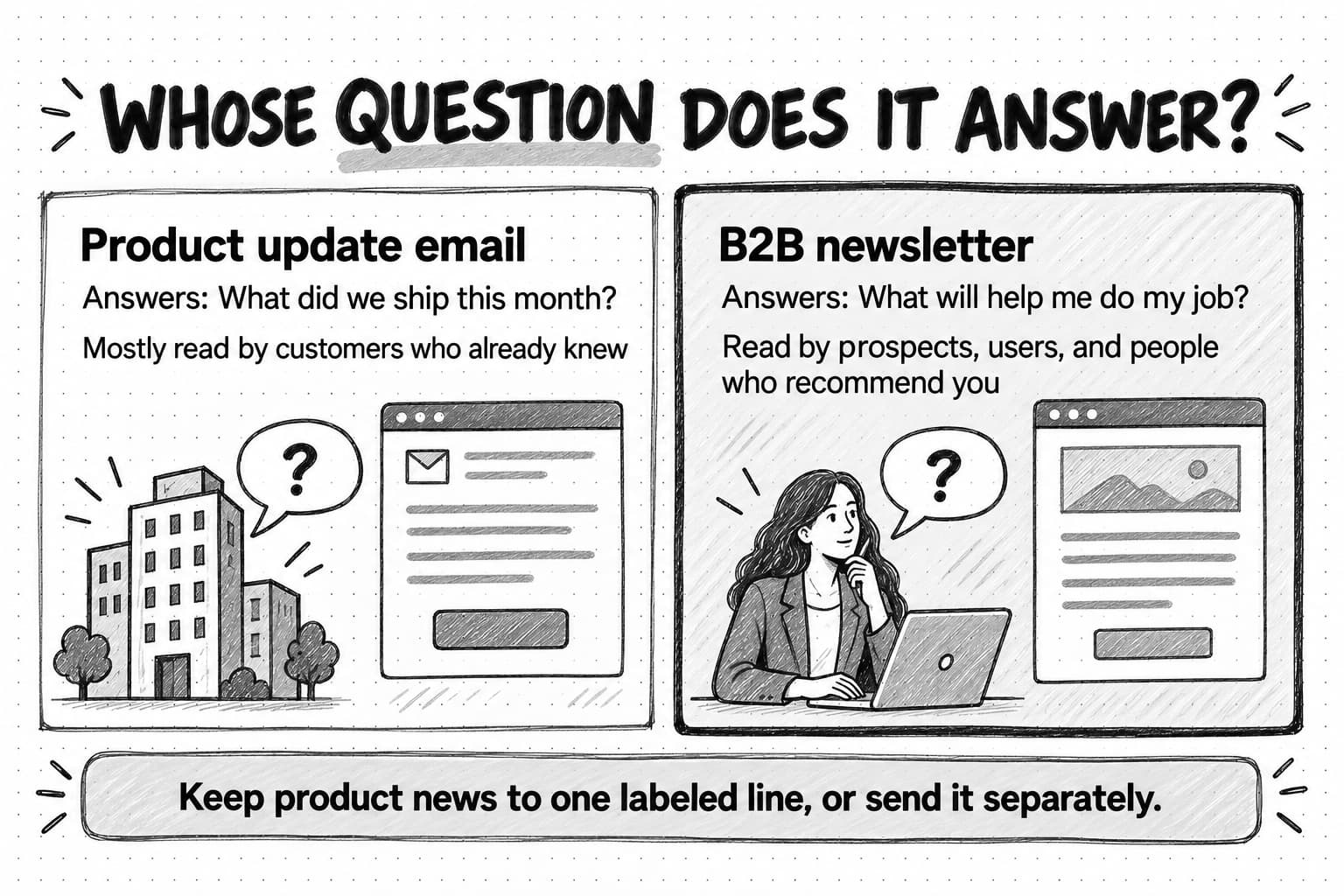 A two-card diagram titled Whose question does it answer? The left card, Product update email, drawn lightly beside a sketch of an office building with a question bubble, answers What did we ship this month? and is mostly read by customers who already knew. The right card, B2B newsletter, drawn darker beside a woman at a laptop with a question bubble, answers What will help me do my job? and is read by prospects, users, and people who recommend you. A banner below says: Keep product news to one labeled line, or send it separately.