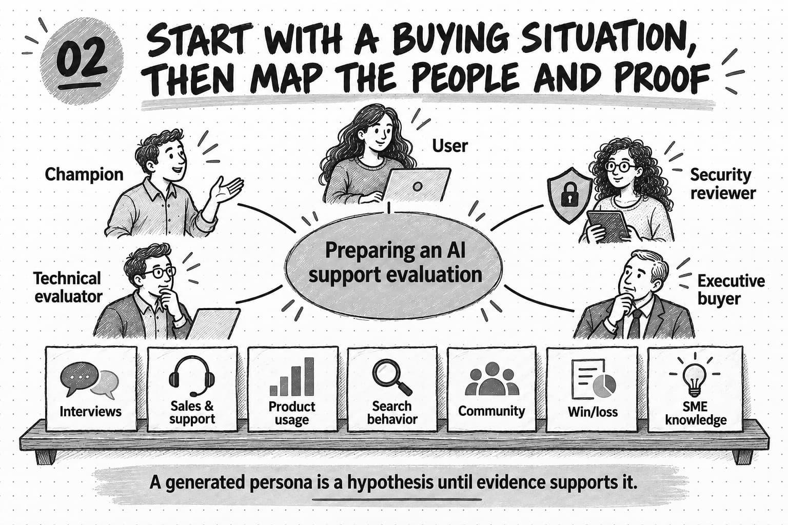 An AI support evaluation surrounded by five buying roles—user, champion, technical evaluator, security reviewer, and executive buyer—with seven distinct evidence sources below.