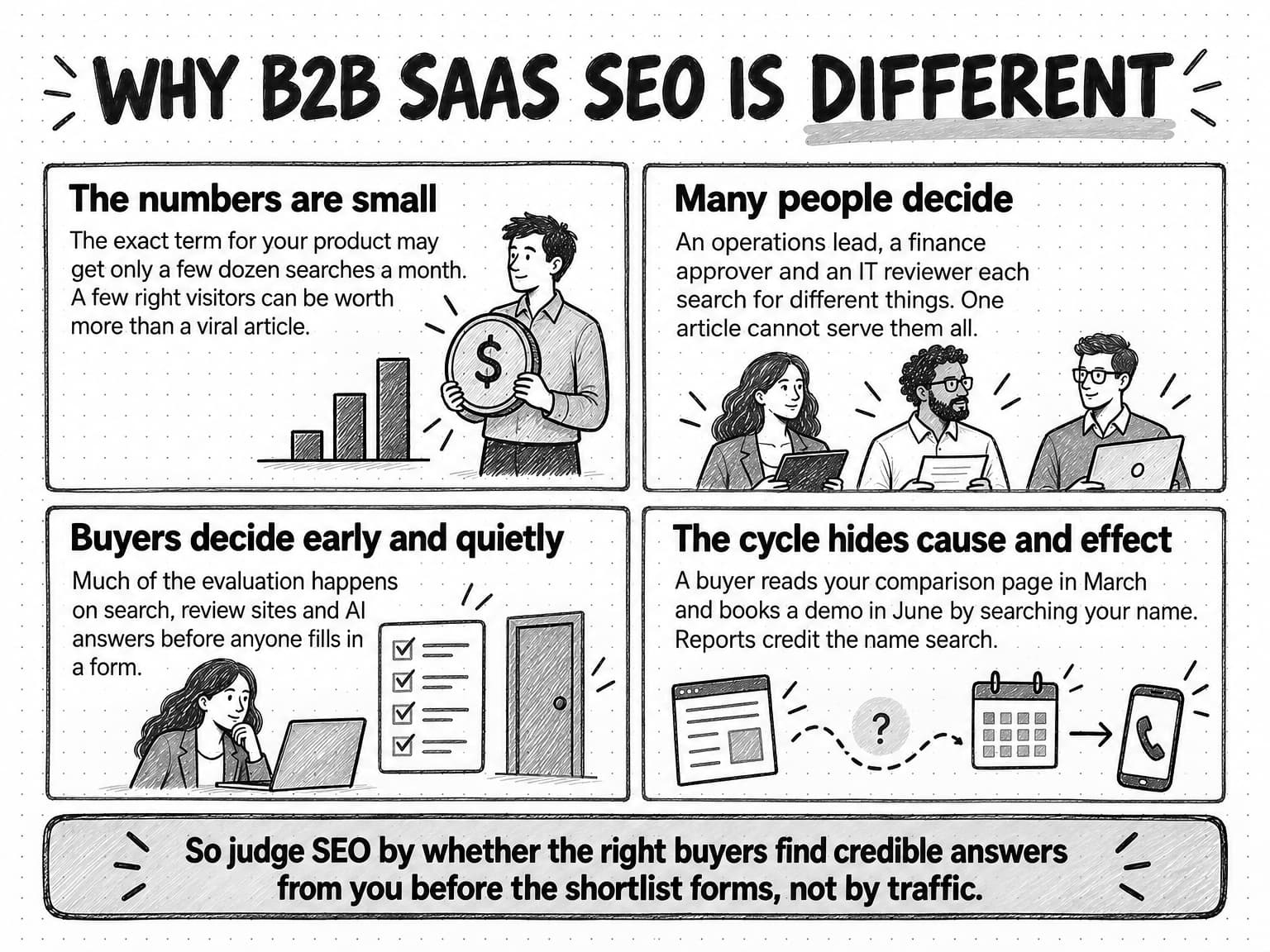 A two-by-two diagram titled Why B2B SaaS SEO is different. The numbers are small: the exact term for your product may get only a few dozen searches a month, and a few right visitors can be worth more than a viral article. Many people decide: an operations lead, a finance approver and an IT reviewer each search for different things, so one article cannot serve them all. Buyers decide early and quietly: much of the evaluation happens on search, review sites and AI answers before anyone fills in a form. The cycle hides cause and effect: a buyer reads your comparison page in March and books a demo in June by searching your name, and reports credit the name search. A shaded banner below concludes: so judge SEO by whether the right buyers find credible answers from you before the shortlist forms, not by traffic.