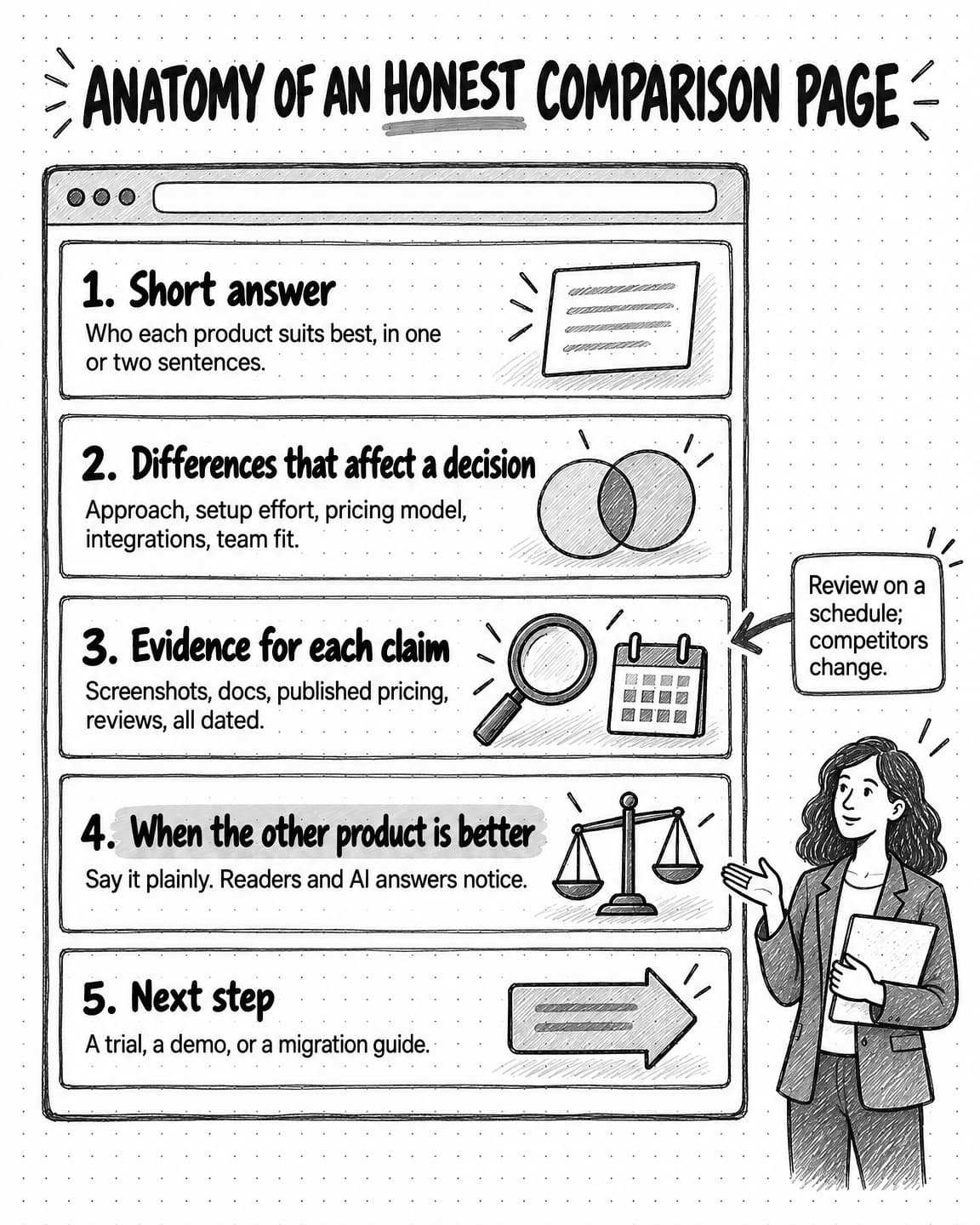 A portrait diagram titled Anatomy of an honest comparison page, showing a sketched browser window with five sections in order. 1. Short answer: who each product suits best, in one or two sentences. 2. Differences that affect a decision: approach, setup effort, pricing model, integrations, team fit. 3. Evidence for each claim: screenshots, docs, published pricing, reviews, all dated, with a margin note reading Review on a schedule; competitors change. 4. When the other product is better, highlighted: say it plainly; readers and AI answers notice. 5. Next step: a trial, a demo, or a migration guide. A person beside the page gestures toward section 4.