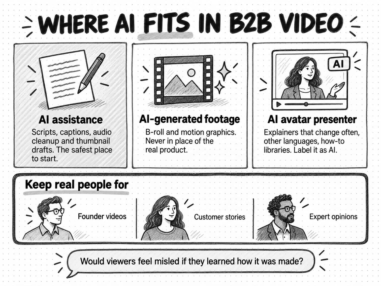 Sketchnote titled Where AI fits in B2B video, with three panels. AI assistance, highlighted: scripts, captions, audio cleanup and thumbnail drafts, the safest place to start. AI-generated footage: B-roll and motion graphics, never in place of the real product. AI avatar presenter: explainers that change often, other languages and how-to libraries, labeled as AI. A lower panel, Keep real people for, shows founder videos, customer stories and expert opinions. A speech bubble asks: would viewers feel misled if they learned how it was made?