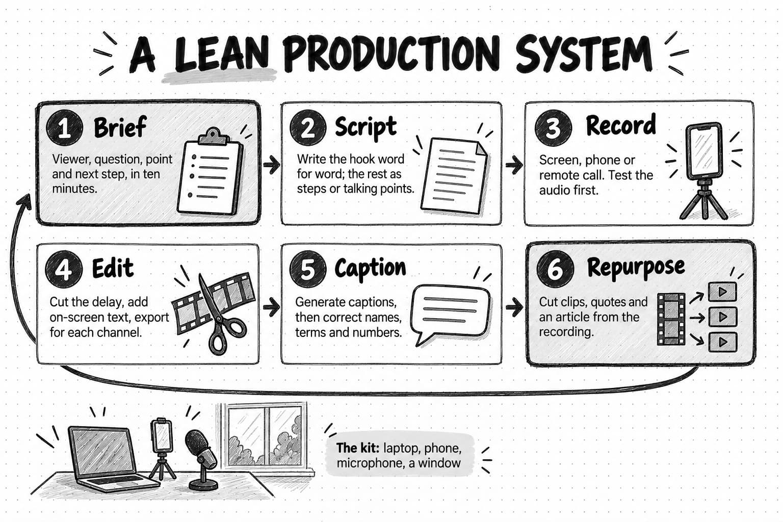 Six-step loop titled A lean production system. 1 Brief: viewer, question, point and next step in ten minutes. 2 Script: write the hook word for word and the rest as steps or talking points. 3 Record: screen, phone or remote call, testing the audio first. 4 Edit: cut the delay, add on-screen text, export for each channel. 5 Caption: generate captions, then correct names, terms and numbers. 6 Repurpose: cut clips, quotes and an article from the recording, with an arrow looping back to Brief. Below, a desk shows the kit: laptop, phone, microphone and a window.