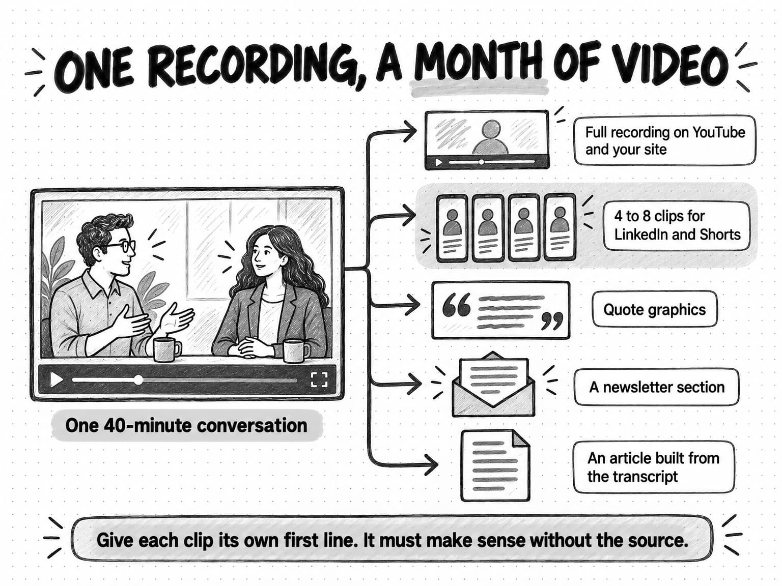 Diagram titled One recording, a month of video. A video frame of two people talking, labeled One 40-minute conversation, branches into five outputs: the full recording on YouTube and your site; 4 to 8 clips for LinkedIn and Shorts; quote graphics; a newsletter section; and an article built from the transcript. Footer: give each clip its own first line, because it must make sense without the source.