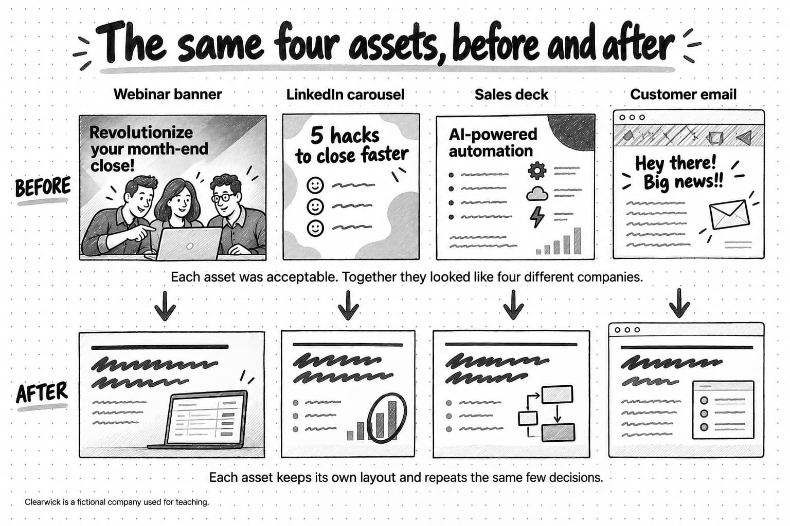 The same four Clearwick assets, before and after. Before: a webinar banner with gradient shading, a stock-style photo of three people at a laptop, and the headline Revolutionize your month-end close!; a LinkedIn carousel slide with blob shapes, smiley-face bullets, and 5 hacks to close faster; a sales deck slide headed AI-powered automation with mismatched icons; and an email opening Hey there! Big news!! A note says each asset was acceptable on its own, but together they looked like four different companies. After: the same four formats, each with a heavy rule above a headline, generous margins, a product screenshot, chart, or line diagram, and at most one circled item. A note says each asset keeps its own layout and repeats the same few decisions.