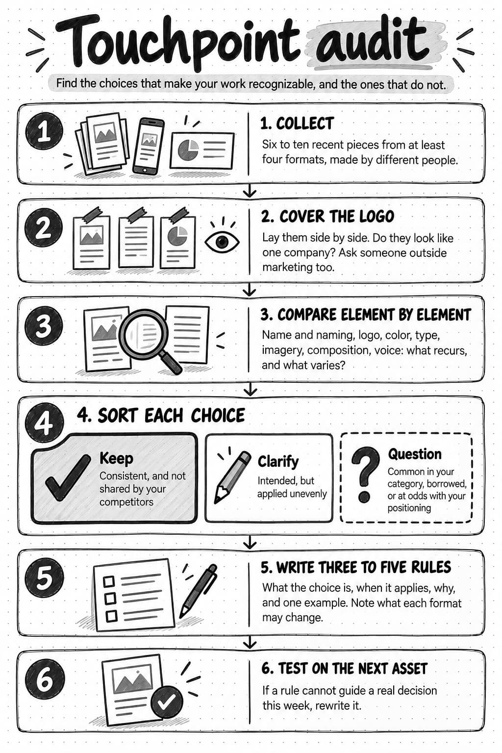 A printable touchpoint audit worksheet with six numbered steps. One, collect six to ten recent pieces from at least four formats, made by different people. Two, cover the logo, lay the pieces side by side, and ask whether they look like one company, including someone outside marketing. Three, compare element by element: name and naming, logo, color, type, imagery, composition, and voice, noting what recurs and what varies. Four, sort each choice: keep, consistent and not shared by your competitors; clarify, intended but applied unevenly; or question, common in your category, borrowed, or at odds with your positioning. Five, write three to five rules saying what the choice is, when it applies, why, and one example, and note what each format may change. Six, test the rules on the next asset, and rewrite any rule that cannot guide a real decision this week.