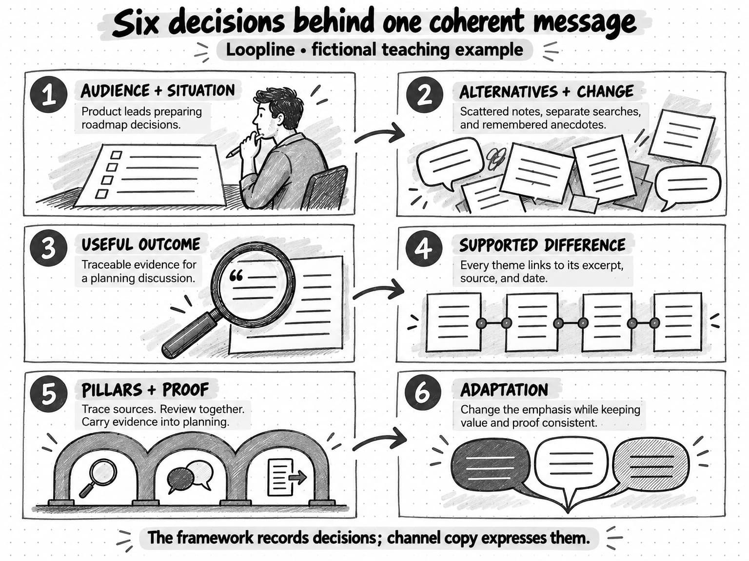 Six decisions in the fictional Loopline framework: audience and situation, alternatives and change, useful outcome, supported difference, pillars and proof, and adaptation.