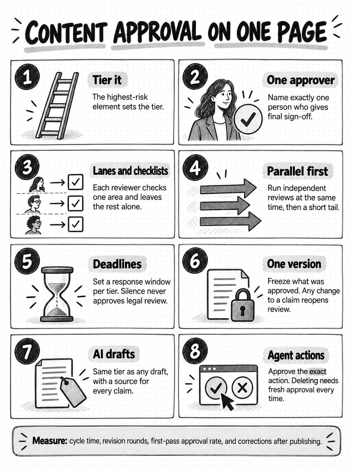 A portrait sketchnote titled Content approval on one page, with eight numbered panels. 1 Tier it: the highest-risk element sets the tier. 2 One approver: name exactly one person who gives final sign-off. 3 Lanes and checklists: each reviewer checks one area and leaves the rest alone. 4 Parallel first: run independent reviews at the same time, then a short tail. 5 Deadlines: set a response window per tier; silence never approves legal review. 6 One version: freeze what was approved; any change to a claim reopens review. 7 AI drafts: same tier as any draft, with a source for every claim. 8 Agent actions: approve the exact action; deleting needs fresh approval every time. A footer reads: measure cycle time, revision rounds, first-pass approval rate, and corrections after publishing.