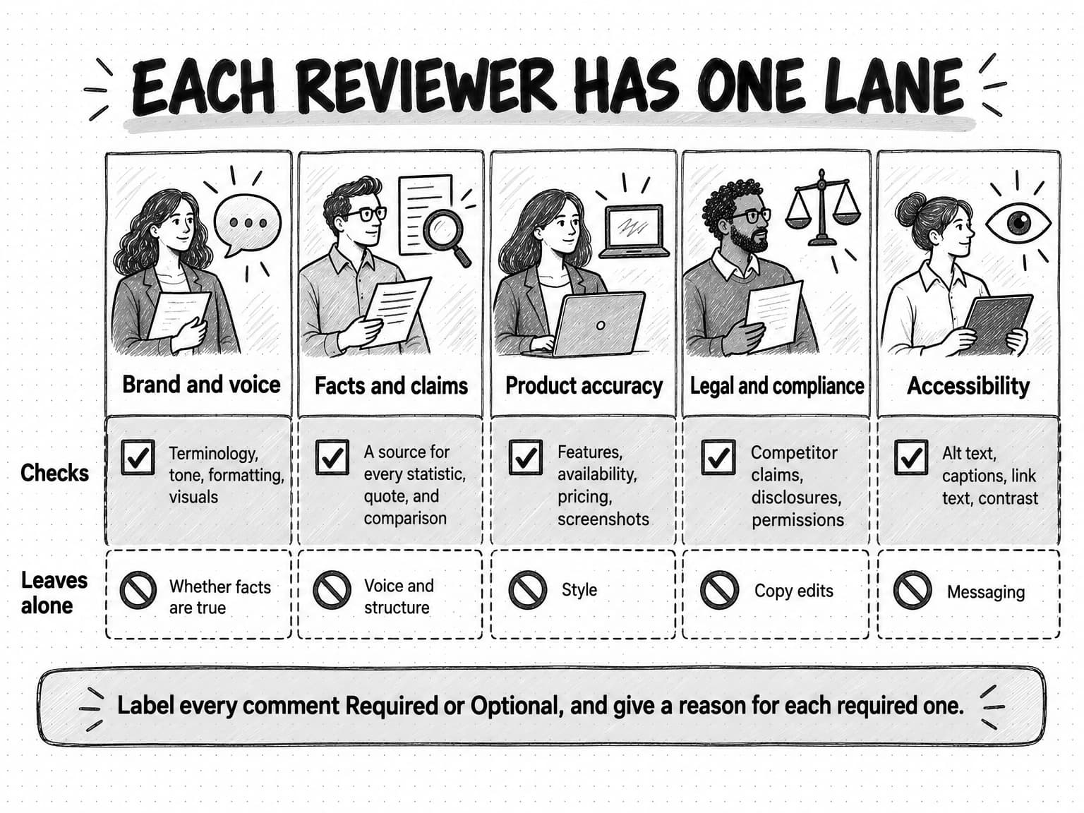 A sketched table titled Each reviewer has one lane, with five columns and two rows. Brand and voice checks terminology, tone, formatting, and visuals, and leaves alone whether facts are true. Facts and claims checks a source for every statistic, quote, and comparison, and leaves alone voice and structure. Product accuracy checks features, availability, pricing, and screenshots, and leaves alone style. Legal and compliance checks competitor claims, disclosures, and permissions, and leaves alone copy edits. Accessibility checks alt text, captions, link text, and contrast, and leaves alone messaging. A banner reads: label every comment Required or Optional, and give a reason for each required one.