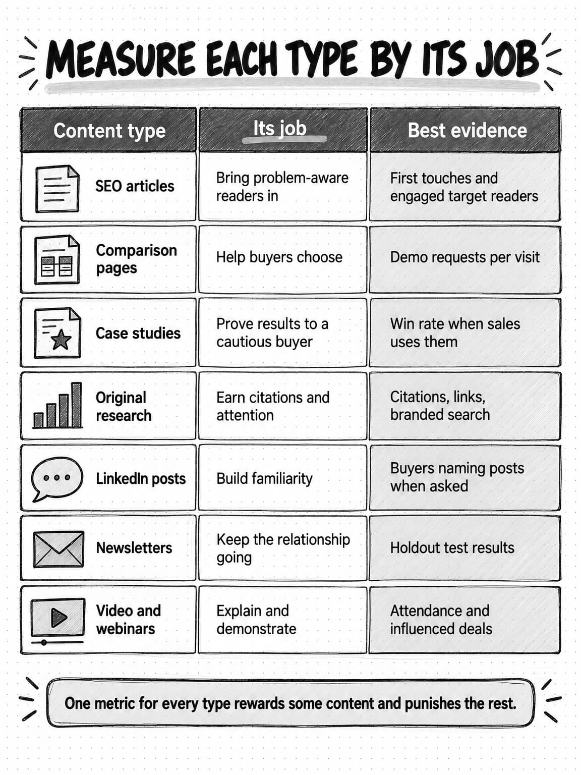 A sketched reference table titled Measure each type by its job, with columns Content type, Its job, and Best evidence. SEO articles: bring problem-aware readers in; first touches and engaged target readers. Comparison pages: help buyers choose; demo requests per visit. Case studies: prove results to a cautious buyer; win rate when sales uses them. Original research: earn citations and attention; citations, links, branded search. LinkedIn posts: build familiarity; buyers naming posts when asked. Newsletters: keep the relationship going; holdout test results. Video and webinars: explain and demonstrate; attendance and influenced deals. A footer reads One metric for every type rewards some content and punishes the rest.