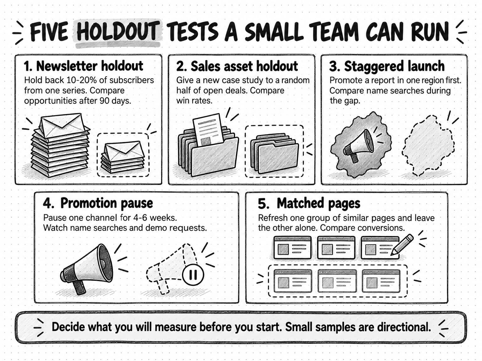 Five sketched panels titled Five holdout tests a small team can run, each showing a held-back group with a dashed outline. 1, Newsletter holdout: hold back 10-20% of subscribers from one series and compare opportunities after 90 days. 2, Sales asset holdout: give a new case study to a random half of open deals and compare win rates. 3, Staggered launch: promote a report in one region first and compare name searches during the gap. 4, Promotion pause: pause one channel for 4-6 weeks and watch name searches and demo requests. 5, Matched pages: refresh one group of similar pages, leave the other alone, and compare conversions. A banner reads Decide what you will measure before you start. Small samples are directional.