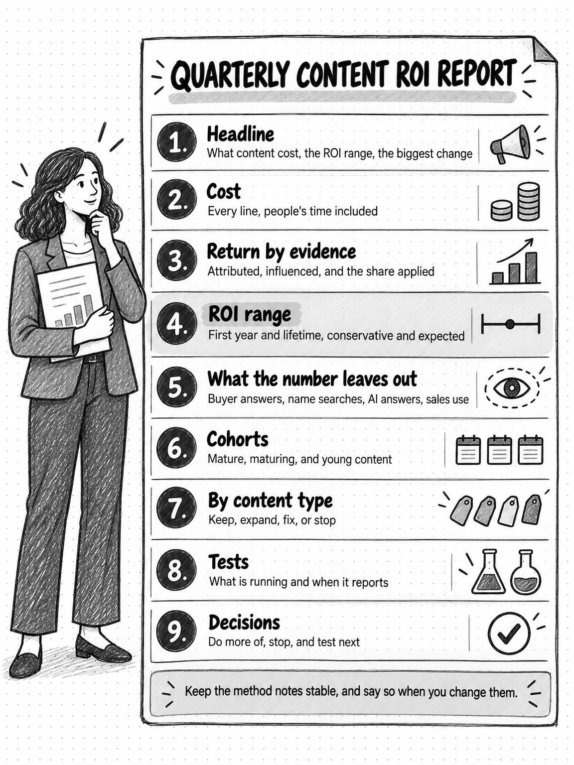 A sketched one-page report titled Quarterly content ROI report with nine numbered rows: 1, Headline: what content cost, the ROI range, the biggest change. 2, Cost: every line, people's time included. 3, Return by evidence: attributed, influenced, and the share applied. 4, ROI range, shaded: first year and lifetime, conservative and expected. 5, What the number leaves out: buyer answers, name searches, AI answers, sales use. 6, Cohorts: mature, maturing, and young content. 7, By content type: keep, expand, fix, or stop. 8, Tests: what is running and when it reports. 9, Decisions: do more of, stop, and test next. A footer reads Keep the method notes stable, and say so when you change them.
