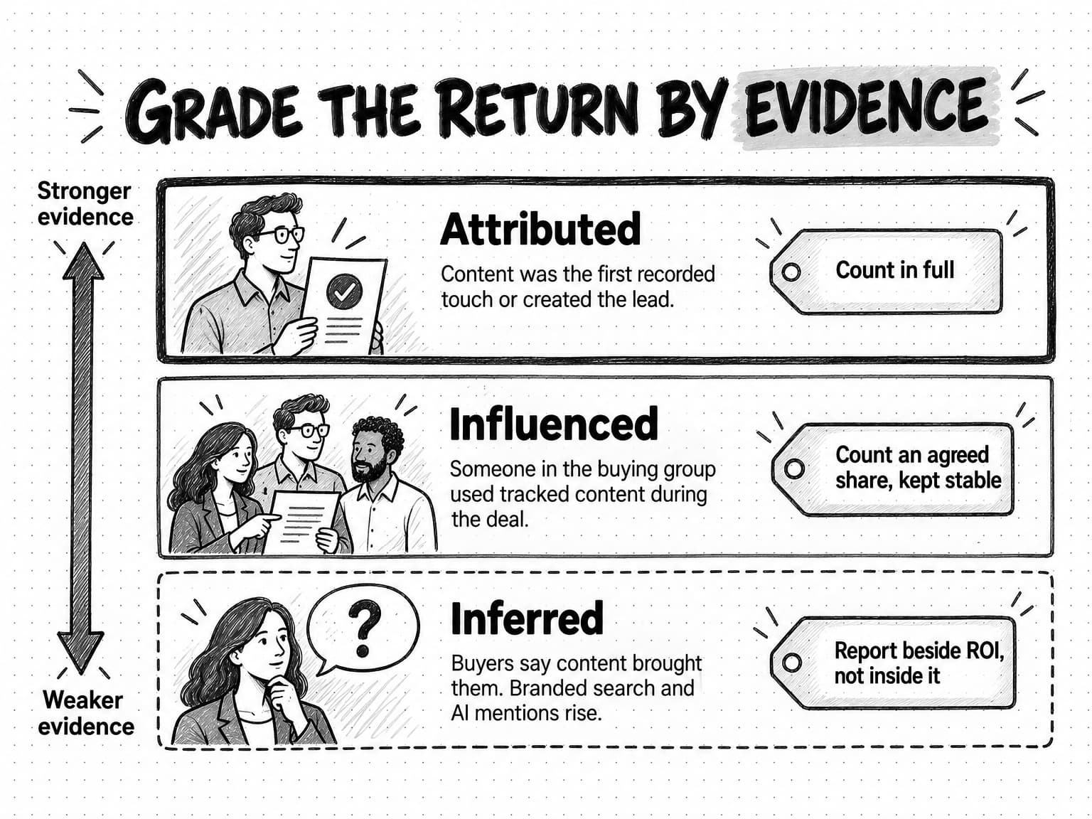 A sketch titled Grade the return by evidence, with three stacked bands beside an arrow running from Stronger evidence to Weaker evidence. Attributed: content was the first recorded touch or created the lead; tag Count in full. Influenced: someone in the buying group used tracked content during the deal; tag Count an agreed share, kept stable. Inferred, drawn with a dashed border: buyers say content brought them, and branded search and AI mentions rise; tag Report beside ROI, not inside it.