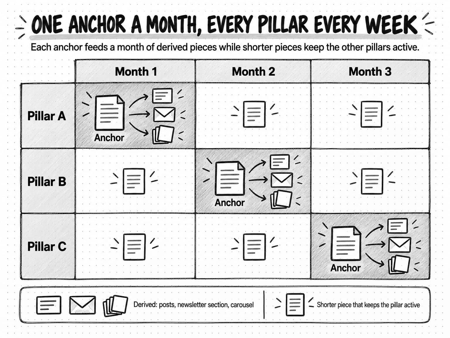 A grid titled One anchor a month, every pillar every week, with the line Each anchor feeds a month of derived pieces while shorter pieces keep the other pillars active. Rows are Pillar A, Pillar B and Pillar C; columns are Month 1, Month 2 and Month 3. Shaded cells on the diagonal each hold a large page labeled Anchor with arrows to a post card, an envelope and a stack of slides. Every other cell holds one small page. The legend reads Derived: posts, newsletter section, carousel, and Shorter piece that keeps the pillar active.