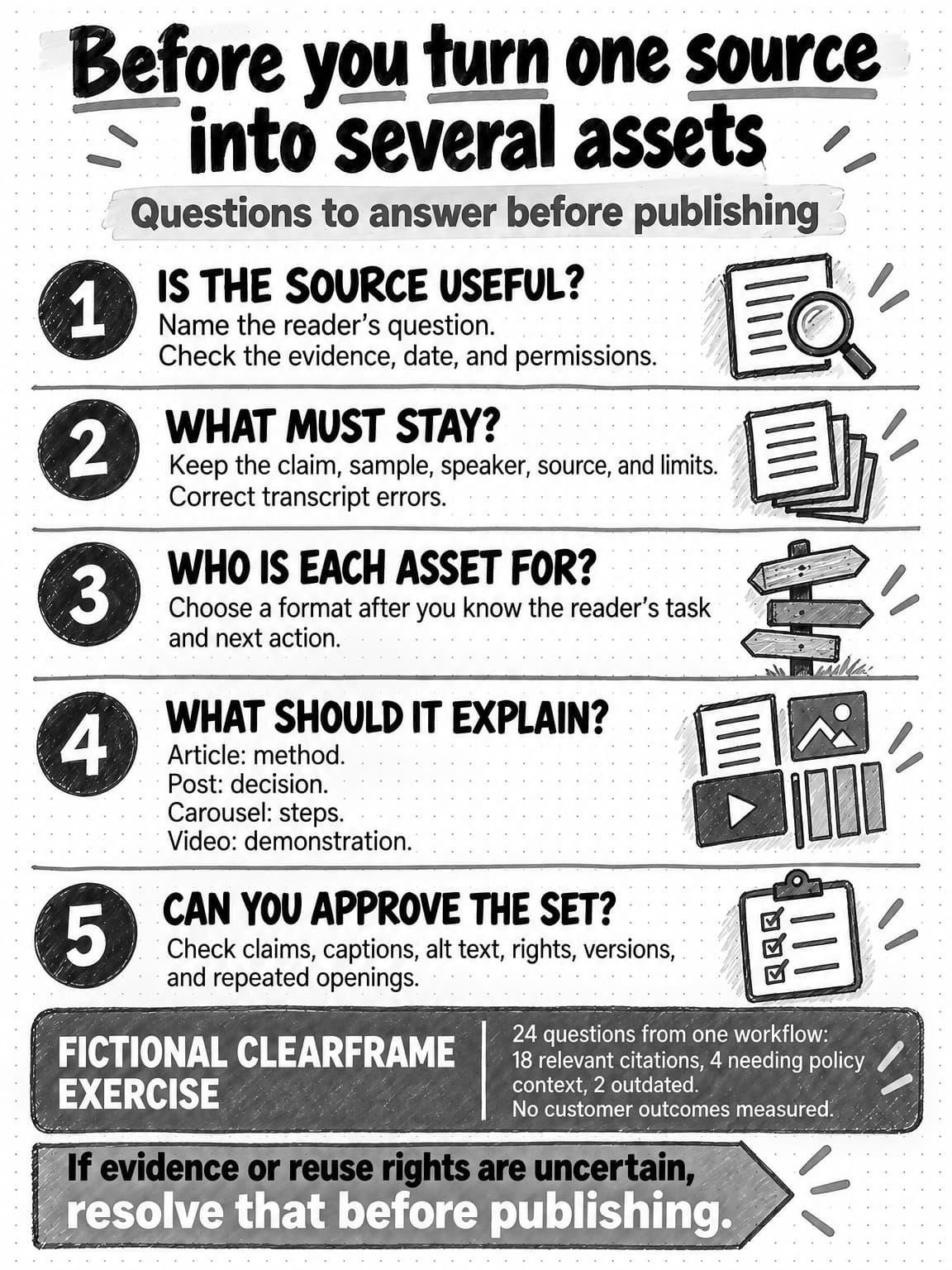 Saveable reference with five questions: is the source useful, what must stay, who is each asset for, what should each explain, and can the set be approved? A fictional Clearframe box keeps the 24-question scope and no-outcomes limit visible.