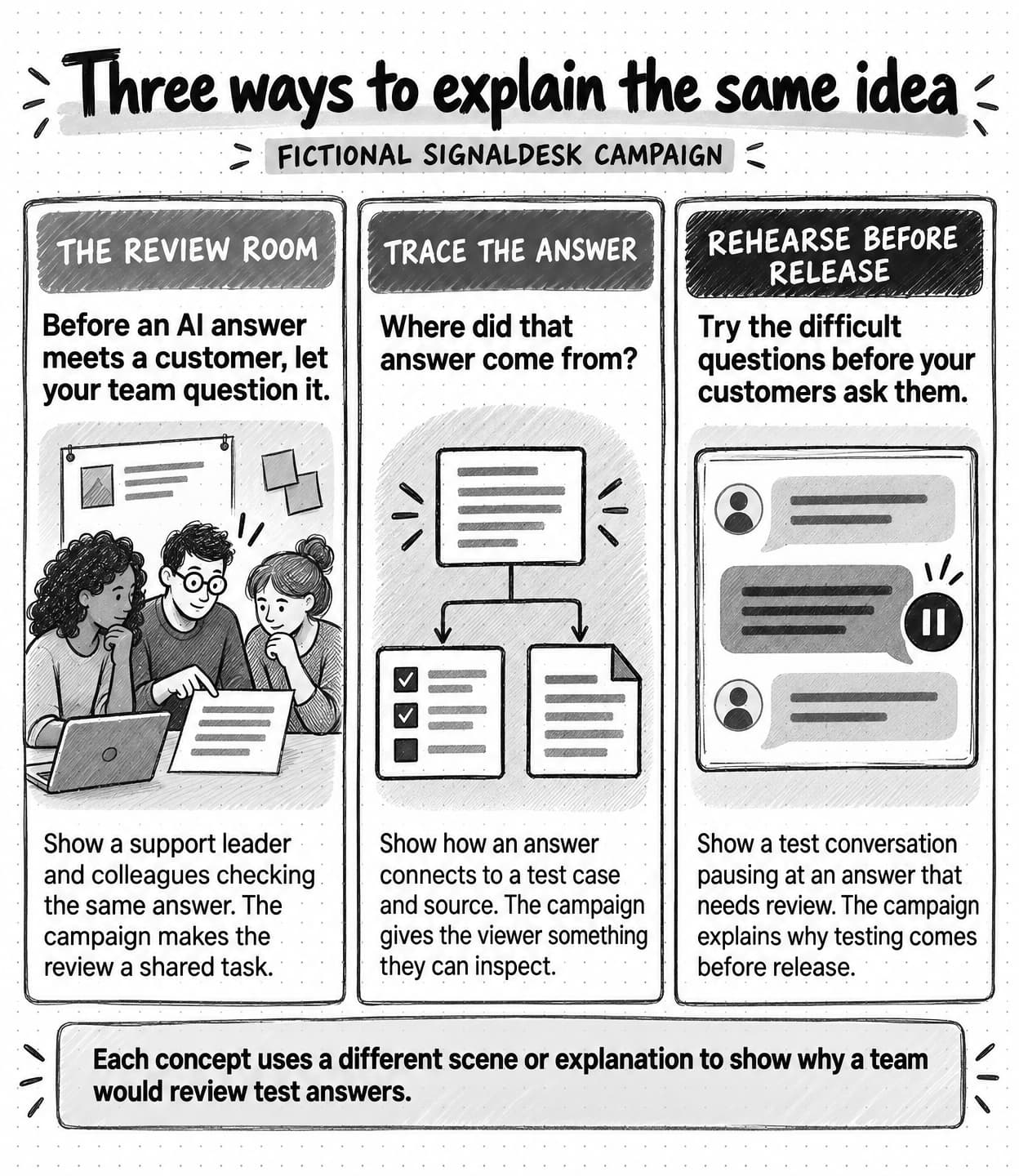 Three fictional SignalDesk campaign concepts: The review room turns an AI answer into a shared decision; Trace the answer follows a claim back to its sources and test; Rehearse before release frames a pilot as a practice run. Each has a different sample line and strategic reason.