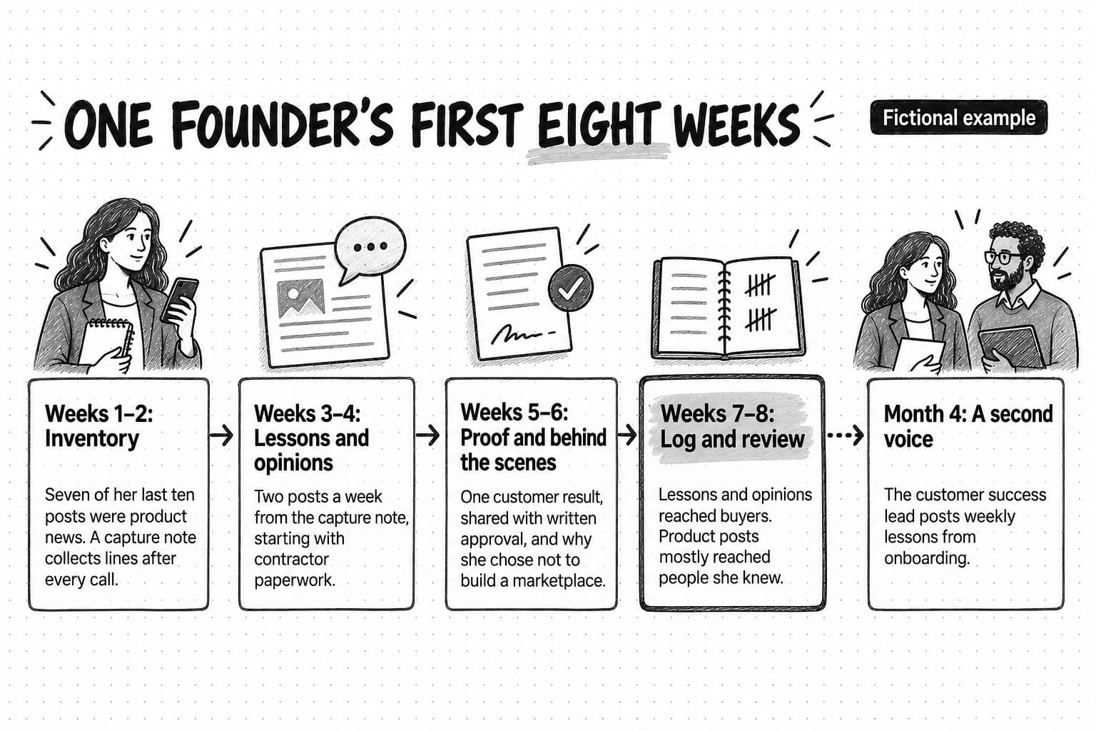 Sketched timeline titled One founder's first eight weeks, tagged Fictional example, with five stations: weeks 1 to 2, an inventory showing seven of her last ten posts were product news; weeks 3 to 4, lessons and opinions; weeks 5 to 6, one approved customer result and a behind-the-scenes post; weeks 7 to 8, the log and review; and, after a gap, month 4, when the customer success lead starts posting.