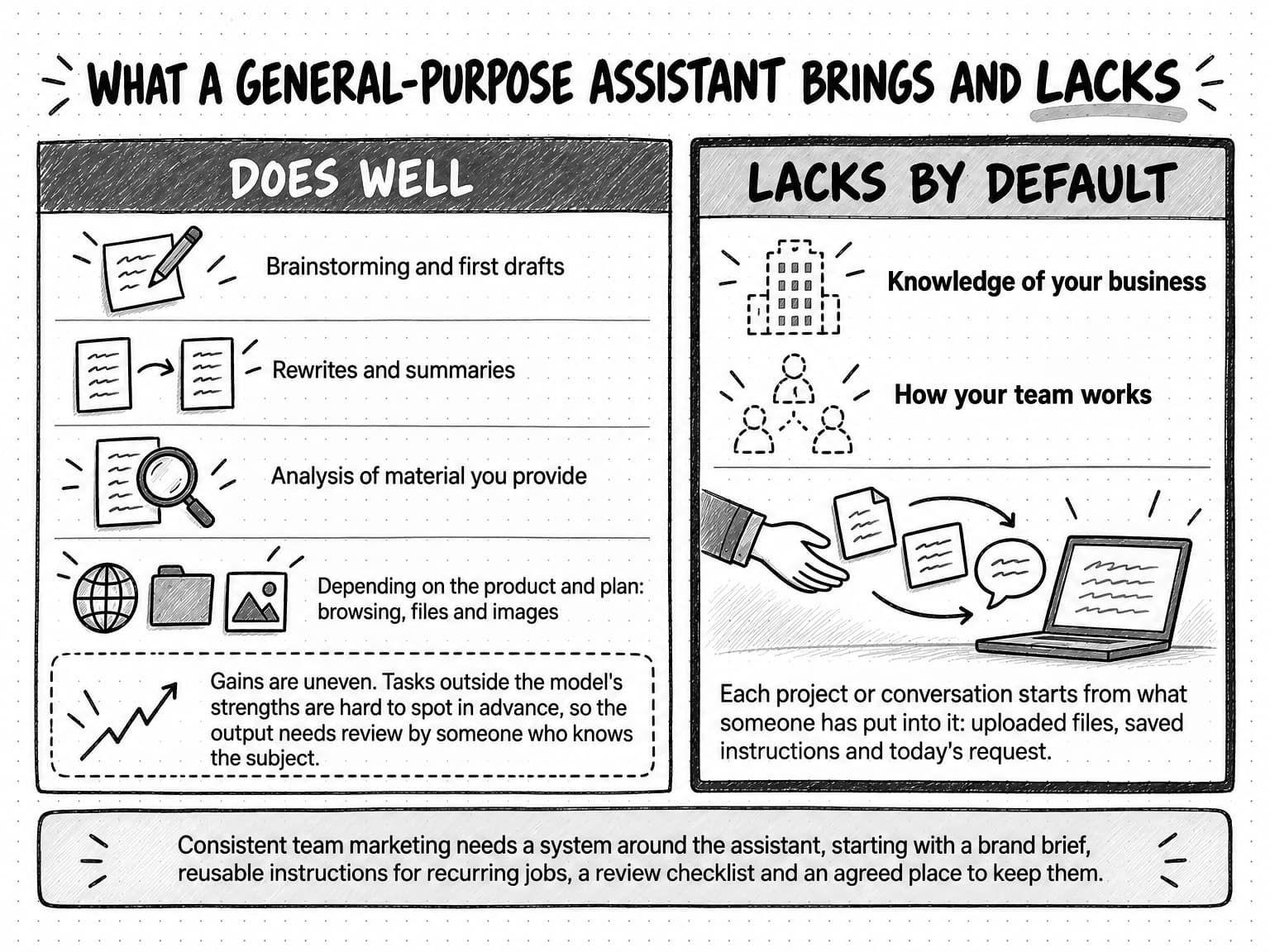 Two panels titled What a general-purpose assistant brings and lacks. The left panel, Does well, lists brainstorming and first drafts; rewrites and summaries; analysis of material you provide; and, depending on the product and plan, browsing, files and images. A note beneath it says gains are uneven: tasks outside the model's strengths are hard to spot in advance, so the output needs review by someone who knows the subject. The right panel, Lacks by default, drawn with a heavier border, lists knowledge of your business and how your team works beside dashed-outline icons that mark them as missing, and shows a hand passing a file, a note and a speech bubble to a laptop, because each project or conversation starts from what someone has put into it: uploaded files, saved instructions and today's request. A band across the bottom says consistent team marketing needs a system around the assistant, starting with a brand brief, reusable instructions for recurring jobs, a review checklist and an agreed place to keep them.