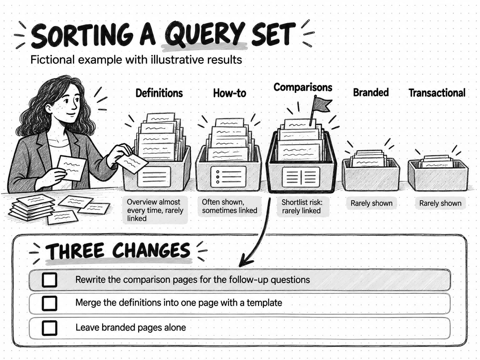 A sketch titled Sorting a query set, labeled as a fictional example with illustrative results. A marketer sorts query cards into five trays: Definitions, overview almost every time, rarely linked; How-to, often shown, sometimes linked; Comparisons, flagged, shortlist risk: rarely linked; Branded, rarely shown; Transactional, rarely shown. An arrow leads from Comparisons to a list of three changes: rewrite the comparison pages for the follow-up questions, merge the definitions into one page with a template, and leave branded pages alone.