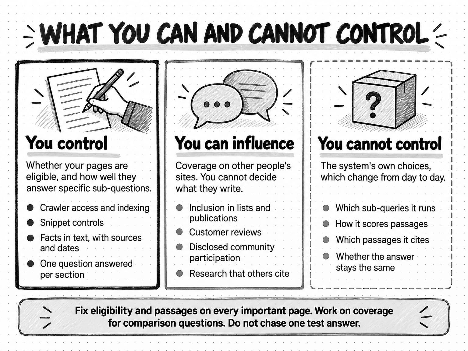 A three-column diagram titled What you can and cannot control. You control, in a heavy border: whether your pages are eligible and how well they answer specific sub-questions, including crawler access and indexing, snippet controls, facts in text with sources and dates, and one question answered per section. You can influence, in a medium border: coverage on other people's sites, which you cannot decide, including inclusion in lists and publications, customer reviews, disclosed community participation, and research that others cite. You cannot control, in a dashed border: the system's own choices, which change from day to day, including which sub-queries it runs, how it scores passages, which passages it cites, and whether the answer stays the same. A banner reads Fix eligibility and passages on every important page. Work on coverage for comparison questions. Do not chase one test answer.