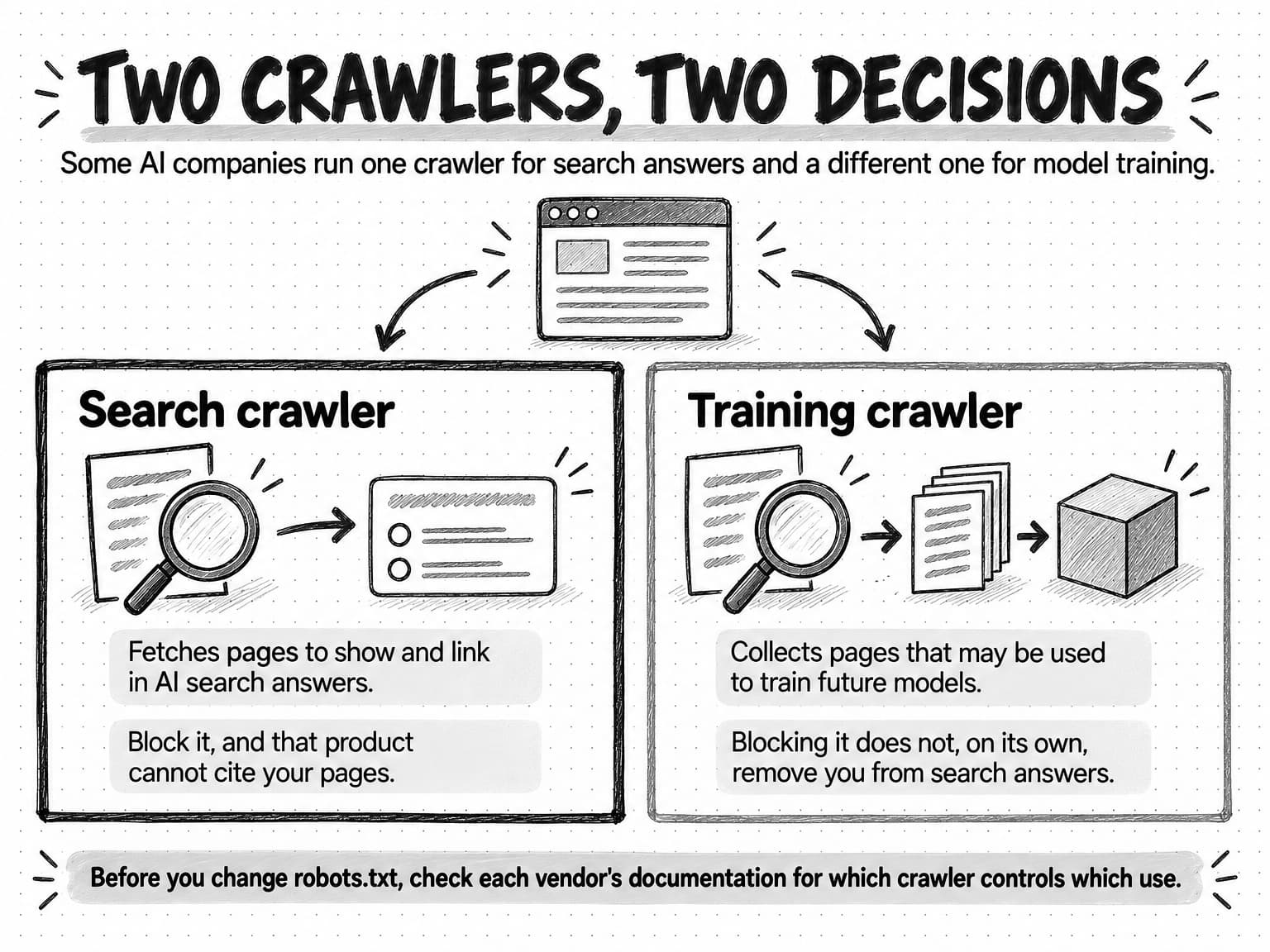 A diagram titled Two crawlers, two decisions, with the line Some AI companies run one crawler for search answers and a different one for model training. A sketched website sends one arrow to a heavily outlined panel, Search crawler, which fetches pages to show and link in AI search answers, with the note Block it, and that product cannot cite your pages. A second arrow goes to a lighter panel, Training crawler, which collects pages that may be used to train future models, with the note Blocking it does not, on its own, remove you from search answers. A banner reads Before you change robots.txt, check each vendor's documentation for which crawler controls which use.