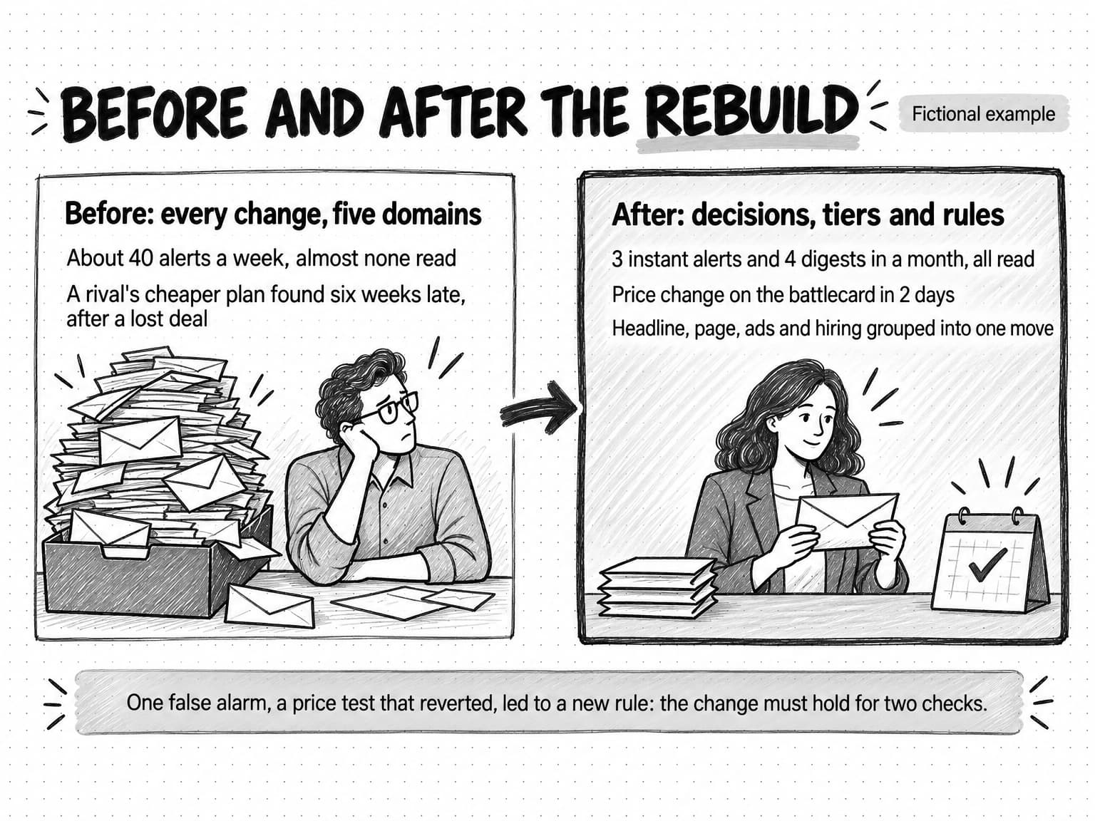 A fictional before-and-after comparison titled Before and after the rebuild. Before, every change on five domains: about 40 alerts a week, almost none read, and a rival's cheaper plan found six weeks late, after a lost deal. After, decisions, tiers and rules: 3 instant alerts and 4 digests in a month, all read; a price change on the battlecard in 2 days; and a headline, page, ads and hiring grouped into one move. A note says one false alarm, a price test that reverted, led to a new rule that a change must hold for two checks.