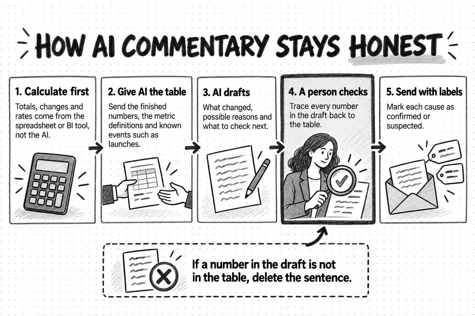 A sketched five-step process titled How AI commentary stays honest. 1. Calculate first: totals, changes and rates come from the spreadsheet or BI tool, not the AI. 2. Give AI the table: send the finished numbers, the metric definitions and known events such as launches. 3. AI drafts: what changed, possible reasons and what to check next. 4. A person checks: trace every number in the draft back to the table; this step is drawn darkest. 5. Send with labels: mark each cause as confirmed or suspected. A dashed box below, pointing at step 4, reads: if a number in the draft is not in the table, delete the sentence.