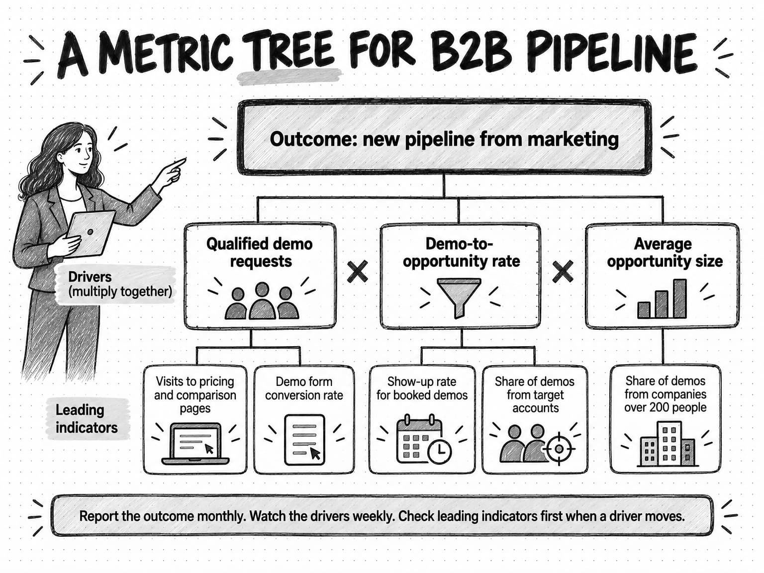 A sketched tree diagram titled A metric tree for B2B pipeline. At the top, Outcome: new pipeline from marketing. Below it, a row labeled Drivers (multiply together) with three boxes joined by multiplication signs: qualified demo requests, demo-to-opportunity rate, and average opportunity size. Below the drivers, leading indicators: visits to pricing and comparison pages and demo form conversion rate under demo requests; show-up rate for booked demos and share of demos from target accounts under the opportunity rate; share of demos from companies over 200 people under opportunity size. A note at the bottom reads: report the outcome monthly, watch the drivers weekly, and check leading indicators first when a driver moves.