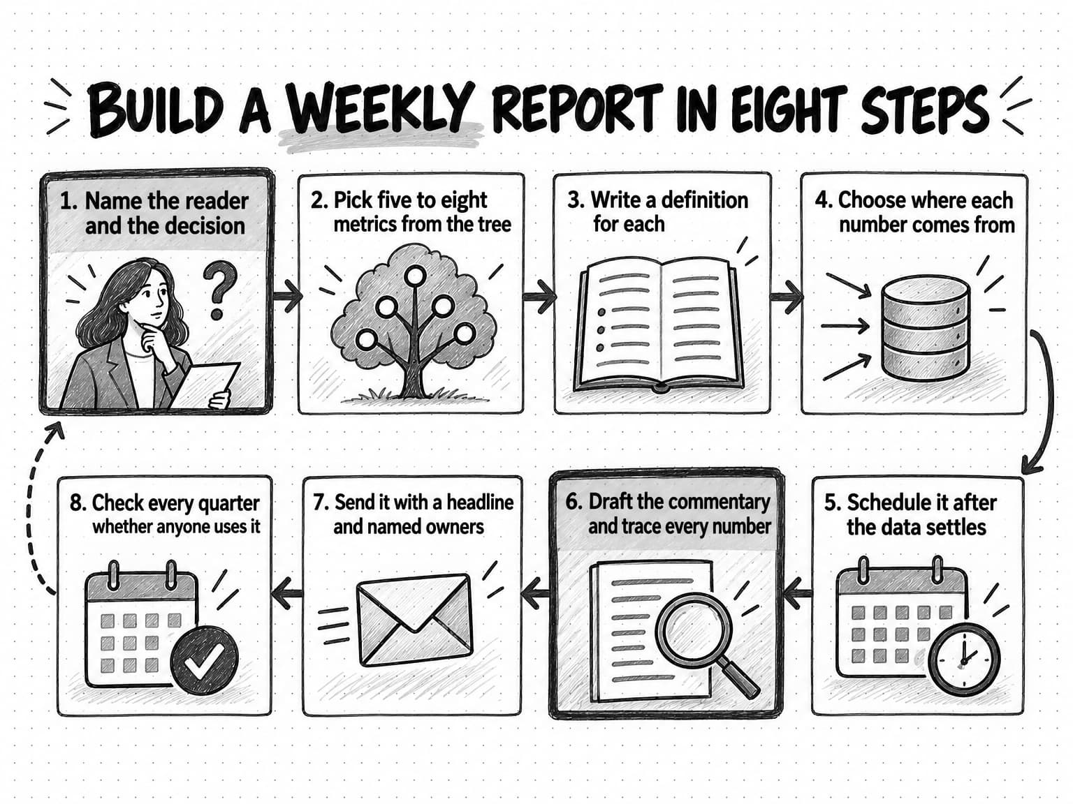A sketched path titled Build a weekly report in eight steps, running along the top row and back along the bottom. 1. Name the reader and the decision. 2. Pick five to eight metrics from the tree. 3. Write a definition for each. 4. Choose where each number comes from. 5. Schedule it after the data settles. 6. Draft the commentary and trace every number. 7. Send it with a headline and named owners. 8. Check every quarter whether anyone uses it. Steps 1 and 6 are drawn darker, and a dashed arrow loops from step 8 back to step 1.