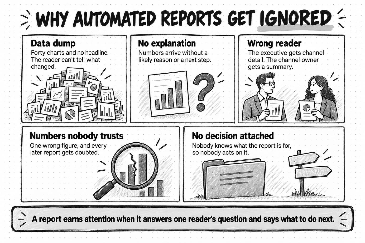 A sketched grid titled Why automated reports get ignored, with five panels. Data dump: forty charts and no headline, so the reader can't tell what changed. No explanation: numbers arrive without a likely reason or a next step. Wrong reader: the executive gets channel detail and the channel owner gets a summary. Numbers nobody trusts: one wrong figure, and every later report gets doubted. No decision attached: nobody knows what the report is for, so nobody acts on it. A banner below reads: a report earns attention when it answers one reader's question and says what to do next.