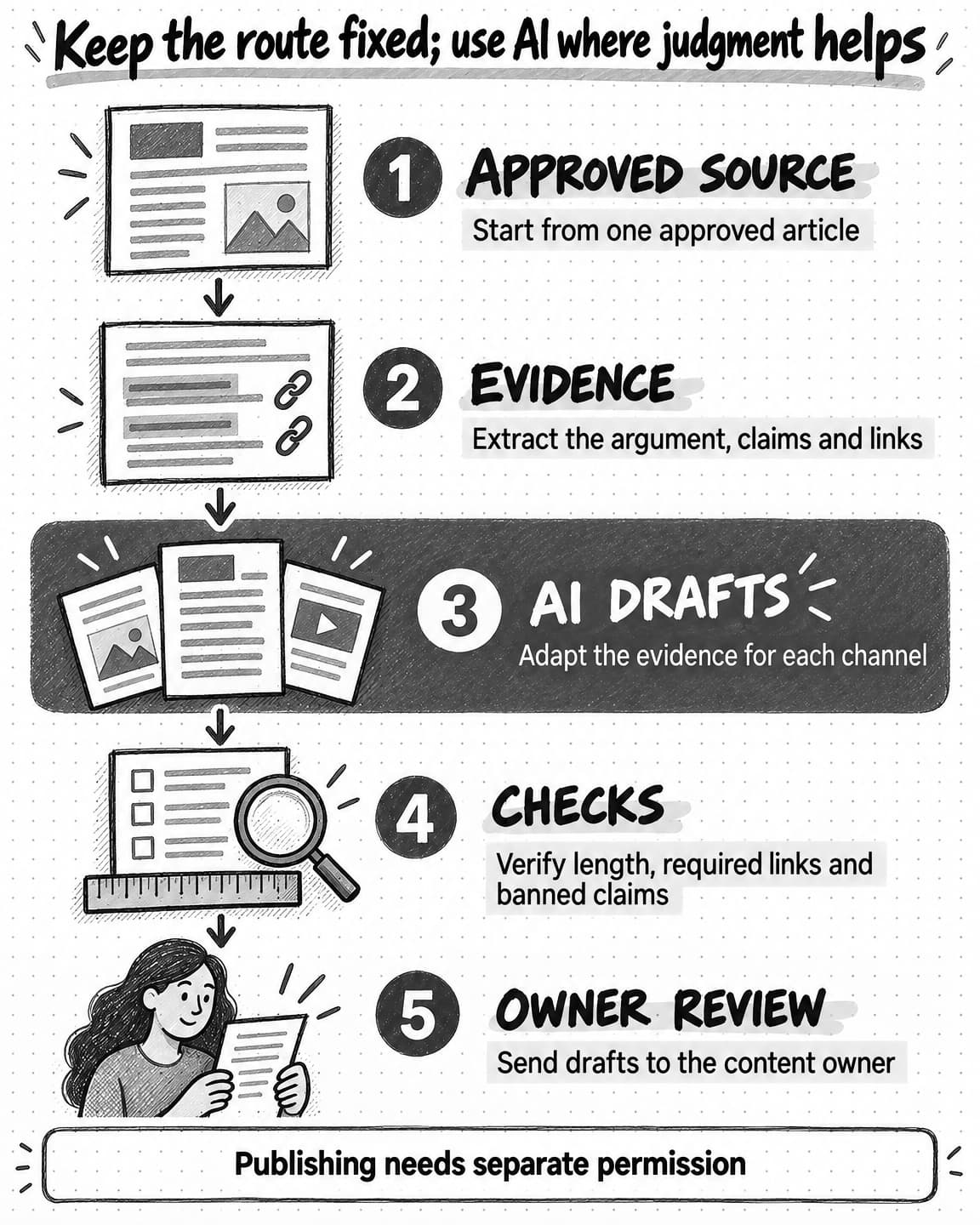 An approved article passes through evidence extraction, AI channel drafting, checks, and content-owner review. Publishing requires separate permission.