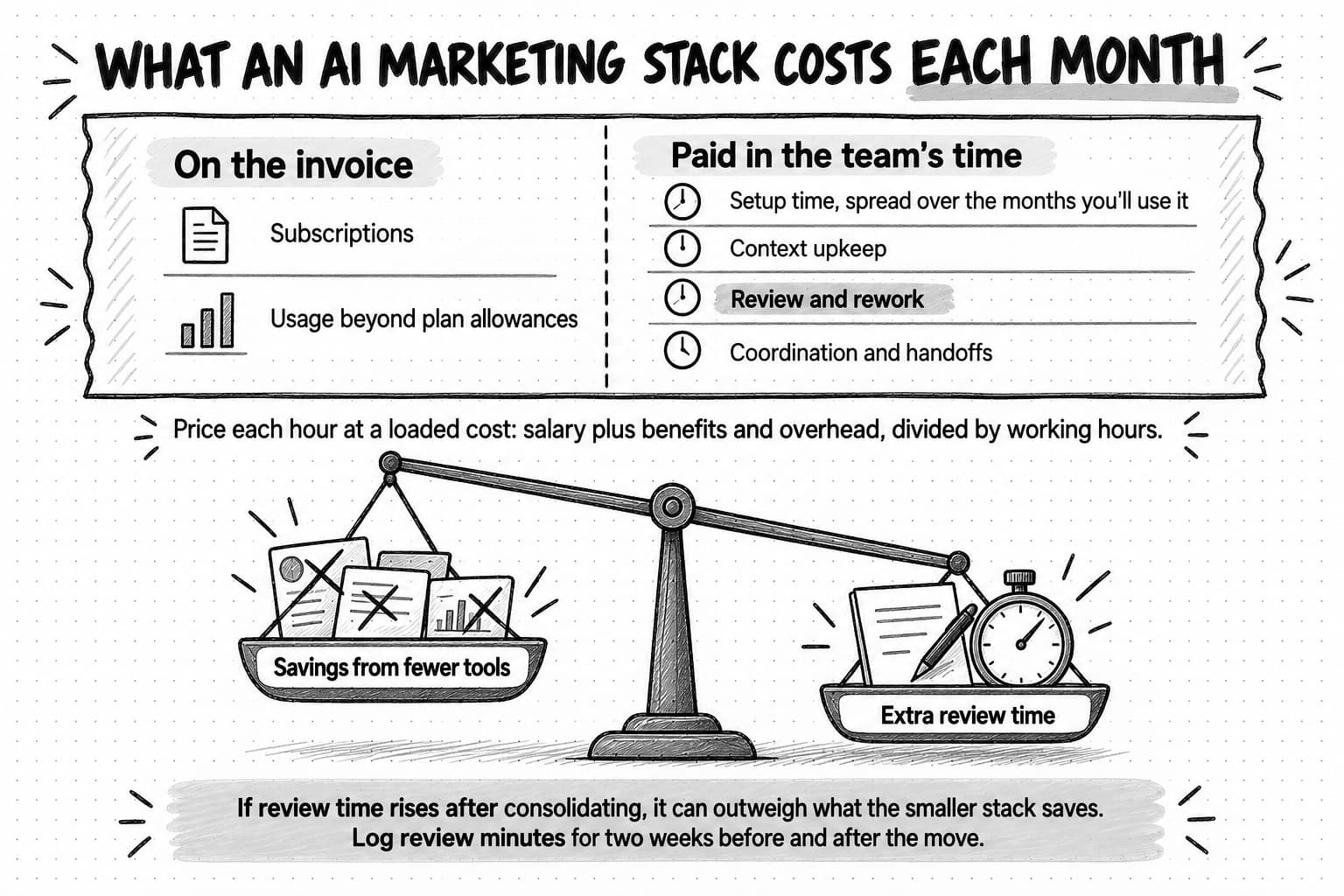 A sketched diagram titled What an AI marketing stack costs each month. A receipt is split into On the invoice, listing Subscriptions and Usage beyond plan allowances, and Paid in the team's time, listing Setup time, spread over the months you'll use it; Context upkeep; Review and rework, highlighted; and Coordination and handoffs. A note reads: Price each hour at a loaded cost: salary plus benefits and overhead, divided by working hours. Below, a balance scale tips toward Extra review time, which outweighs Savings from fewer tools. The footer reads: If review time rises after consolidating, it can outweigh what the smaller stack saves. Log review minutes for two weeks before and after the move.