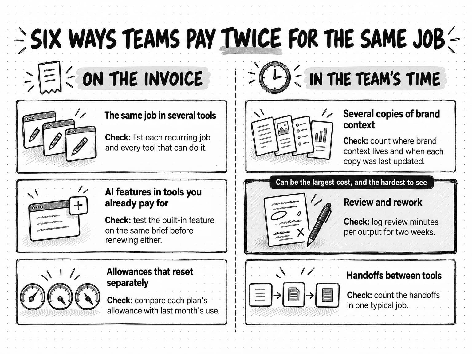 A sketched diagram titled Six ways teams pay twice for the same job, in two columns. Under On the invoice: The same job in several tools, check: list each recurring job and every tool that can do it; AI features in tools you already pay for, check: test the built-in feature on the same brief before renewing either; Allowances that reset separately, check: compare each plan's allowance with last month's use. Under In the team's time: Several copies of brand context, check: count where brand context lives and when each copy was last updated; Review and rework, drawn with a heavier border and tagged Can be the largest cost, and the hardest to see, check: log review minutes per output for two weeks; Handoffs between tools, check: count the handoffs in one typical job.