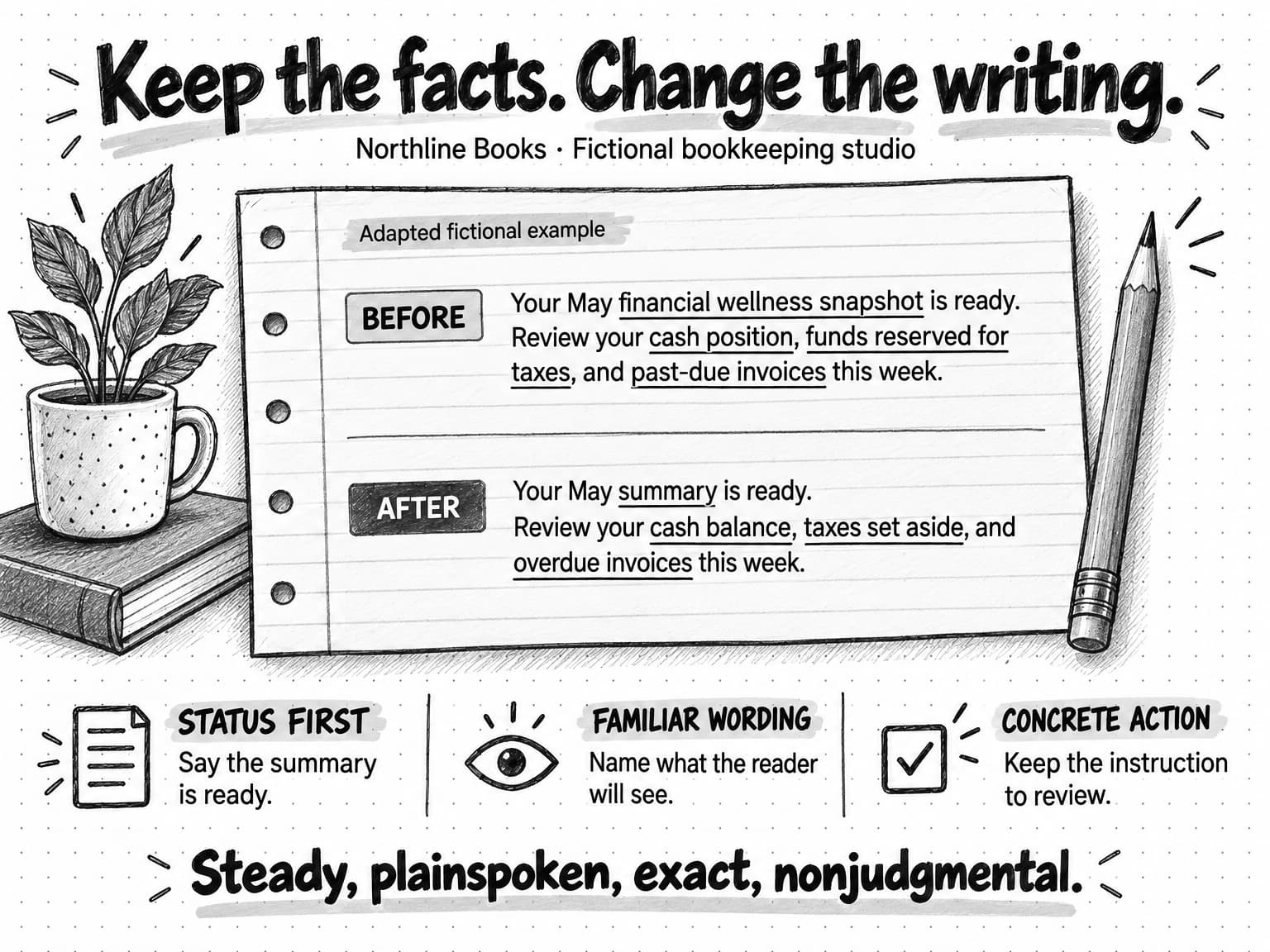 Adapted fictional Northline update replaces financial wellness snapshot, funds reserved for taxes, and past-due invoices with summary, taxes set aside, and overdue invoices while retaining the instruction to review.