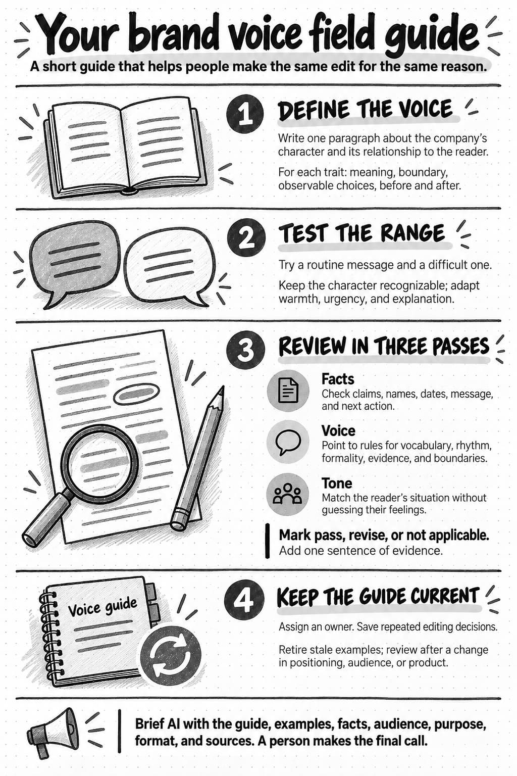 Brand voice field guide covering definition, testing routine and difficult messages, separate facts, voice, and tone review passes, and ongoing maintenance.