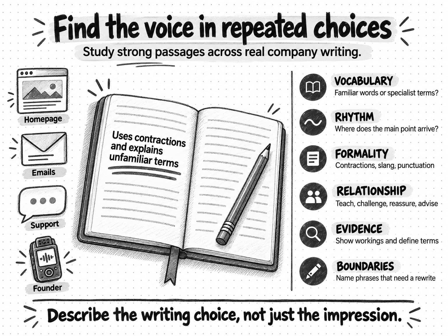 Six lenses for finding repeated voice choices: vocabulary, rhythm, formality, relationship, evidence, and boundaries.