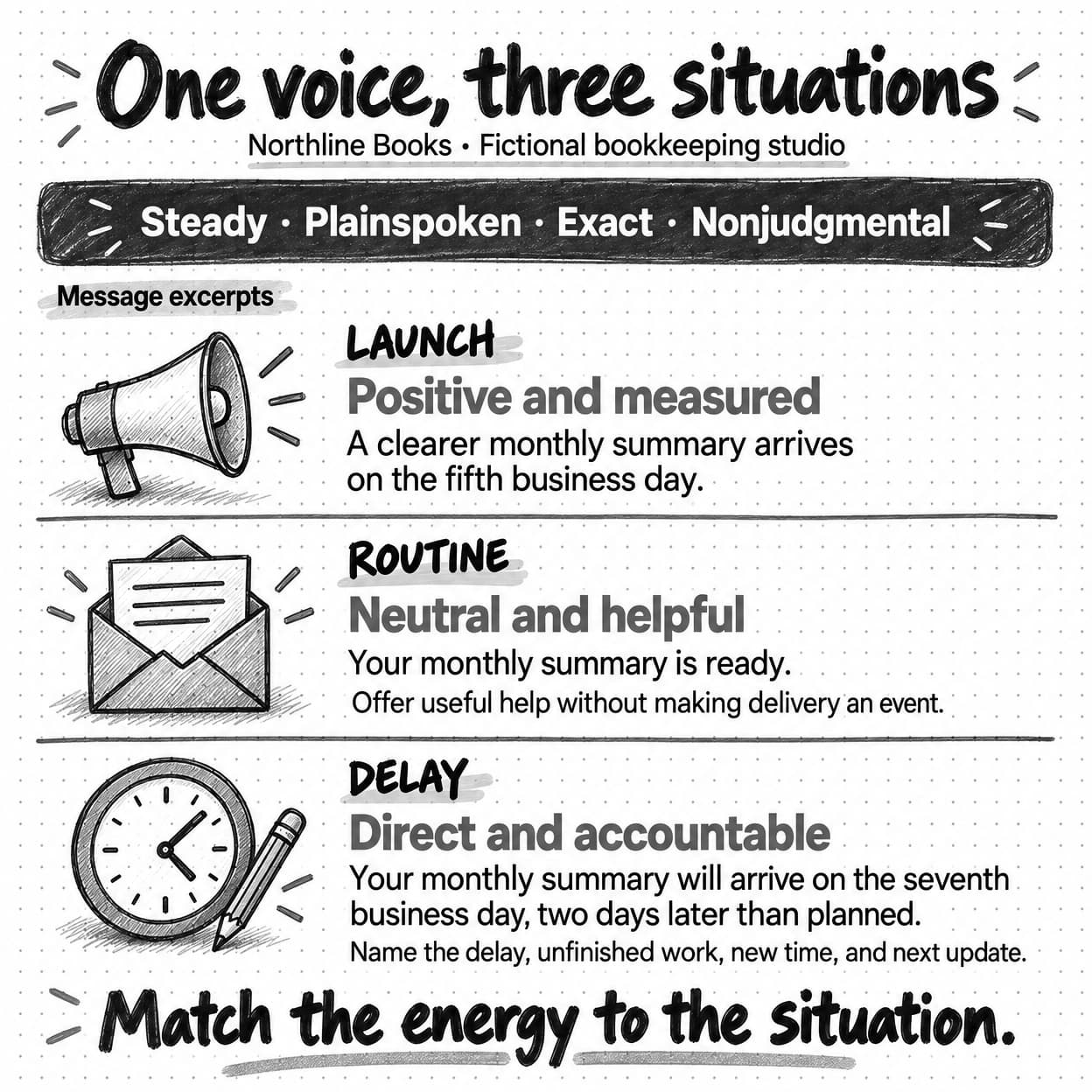 Fictional Northline excerpts adapt a steady, plainspoken, exact, nonjudgmental voice for a launch, routine update, and delay.