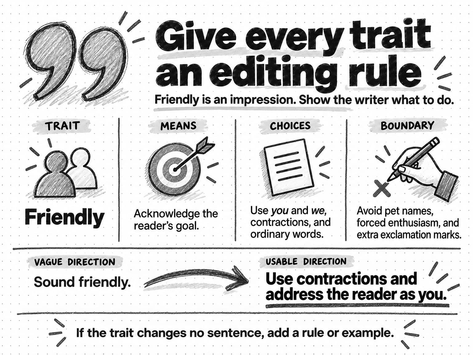 Friendly becomes actionable through its meaning, writing choices, and boundary against forced enthusiasm.
