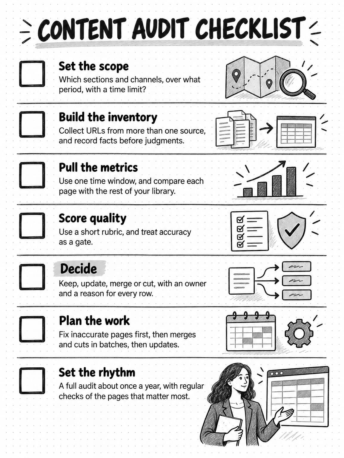 A portrait checklist titled Content audit checklist with seven tick boxes. Set the scope: which sections and channels, over what period, with a time limit? Build the inventory: collect URLs from more than one source, and record facts before judgments. Pull the metrics: use one time window, and compare each page with the rest of your library. Score quality: use a short rubric, and treat accuracy as a gate. Decide: keep, update, merge or cut, with an owner and a reason for every row. Plan the work: fix inaccurate pages first, then merges and cuts in batches, then updates. Set the rhythm: a full audit about once a year, with regular checks of the pages that matter most.